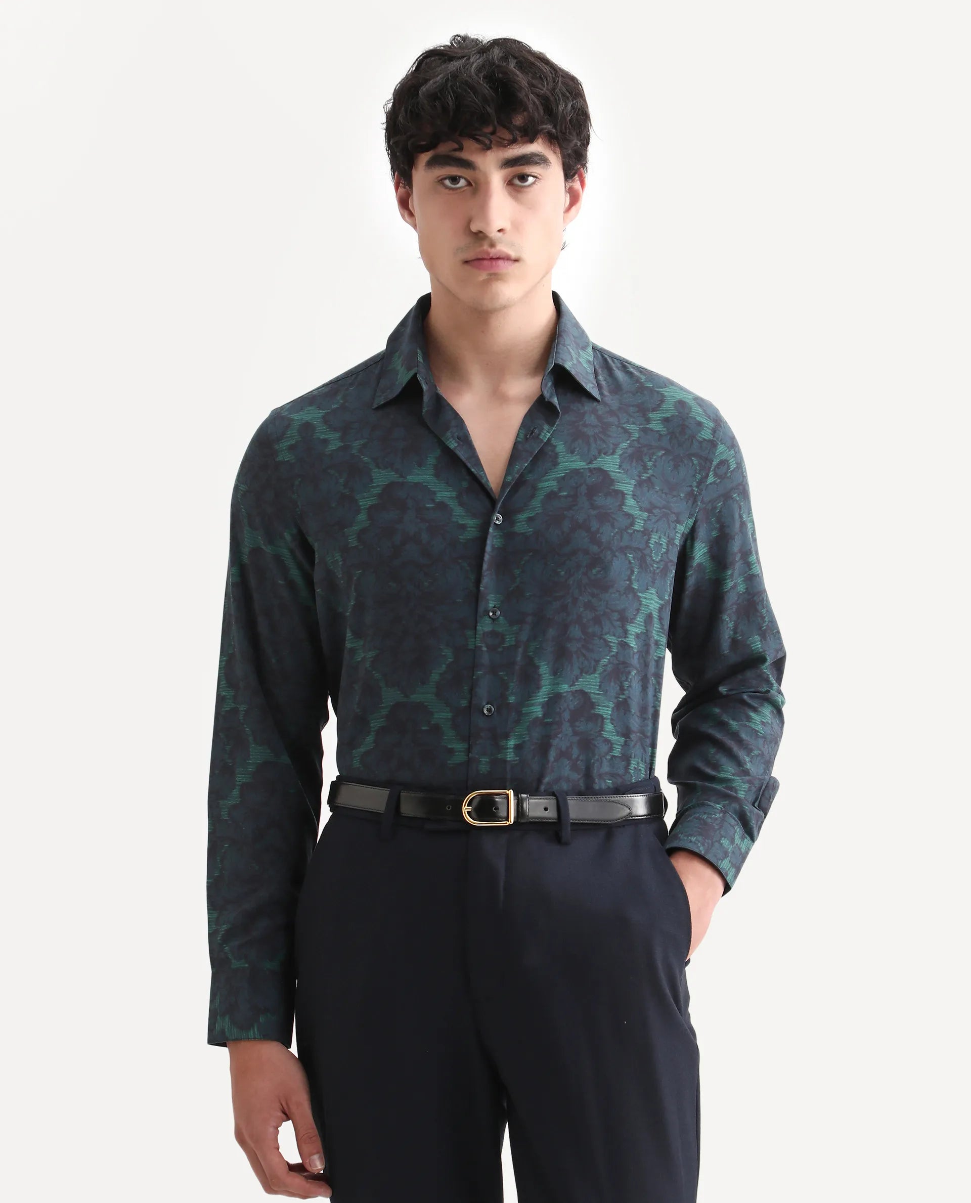 Rare Rabbit Men's Crux-25 Navy Viscose Floral Print Regular Fit Full Sleeve Collared Shirt