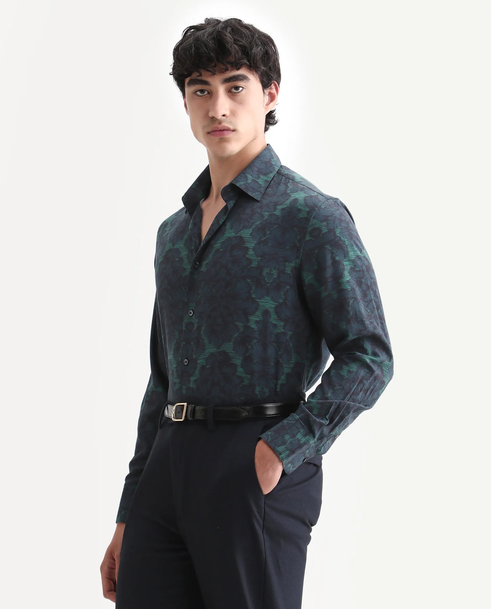 Rare Rabbit Men's Crux-25 Navy Viscose Floral Print Regular Fit Full Sleeve Collared Shirt