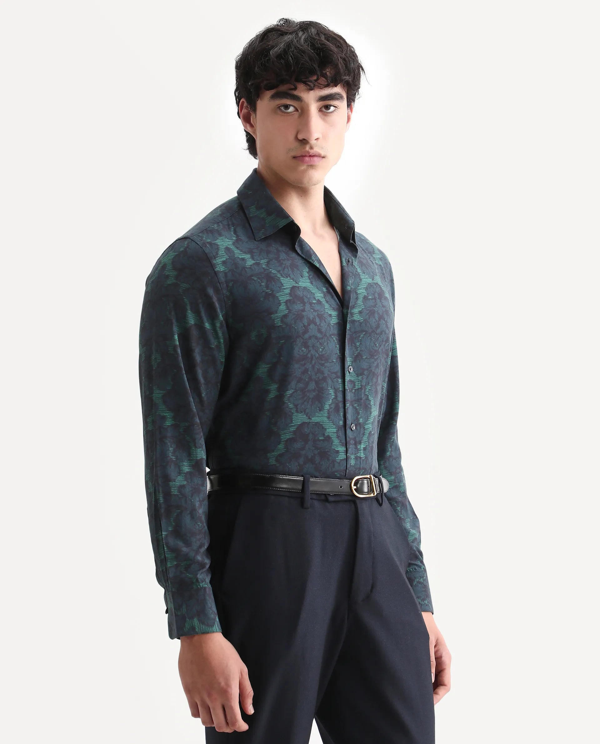 Rare Rabbit Men's Crux-25 Navy Viscose Floral Print Regular Fit Full Sleeve Collared Shirt