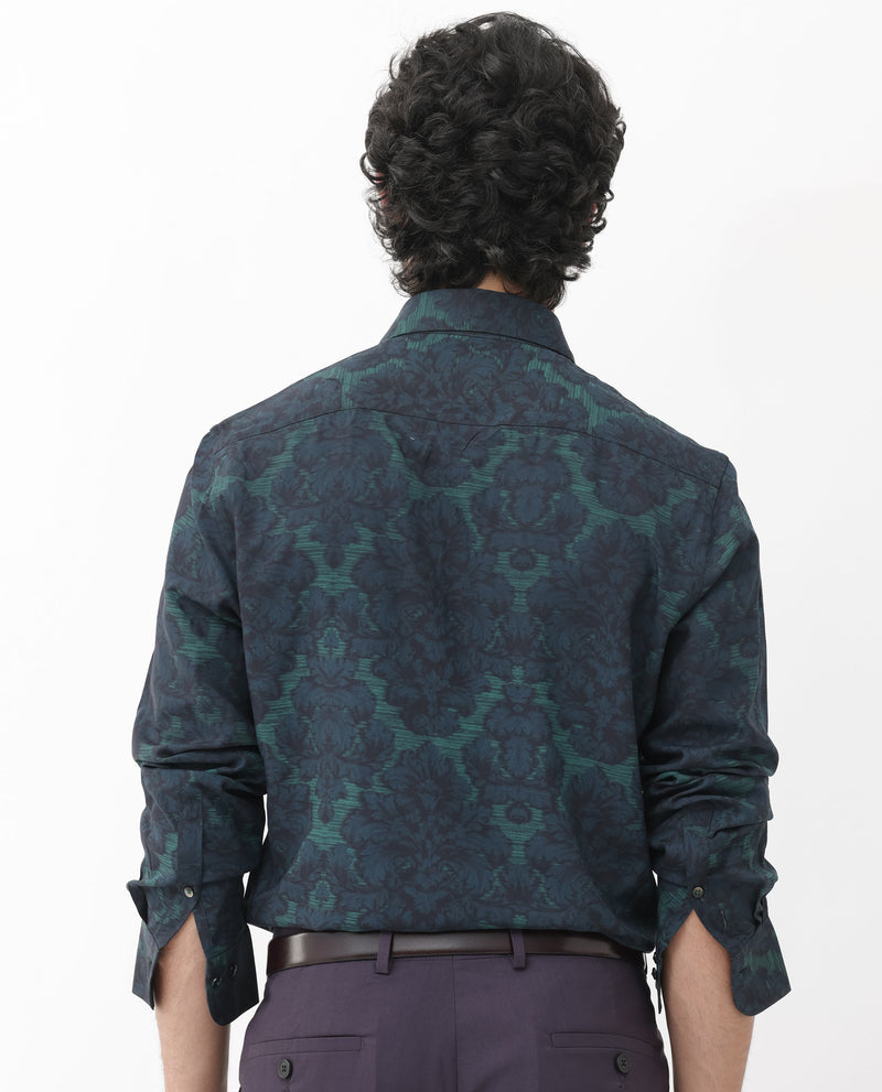 Rare Rabbit Mens Crux Dark Green Viscose Fabric Full Sleeve Floral Print Shirt