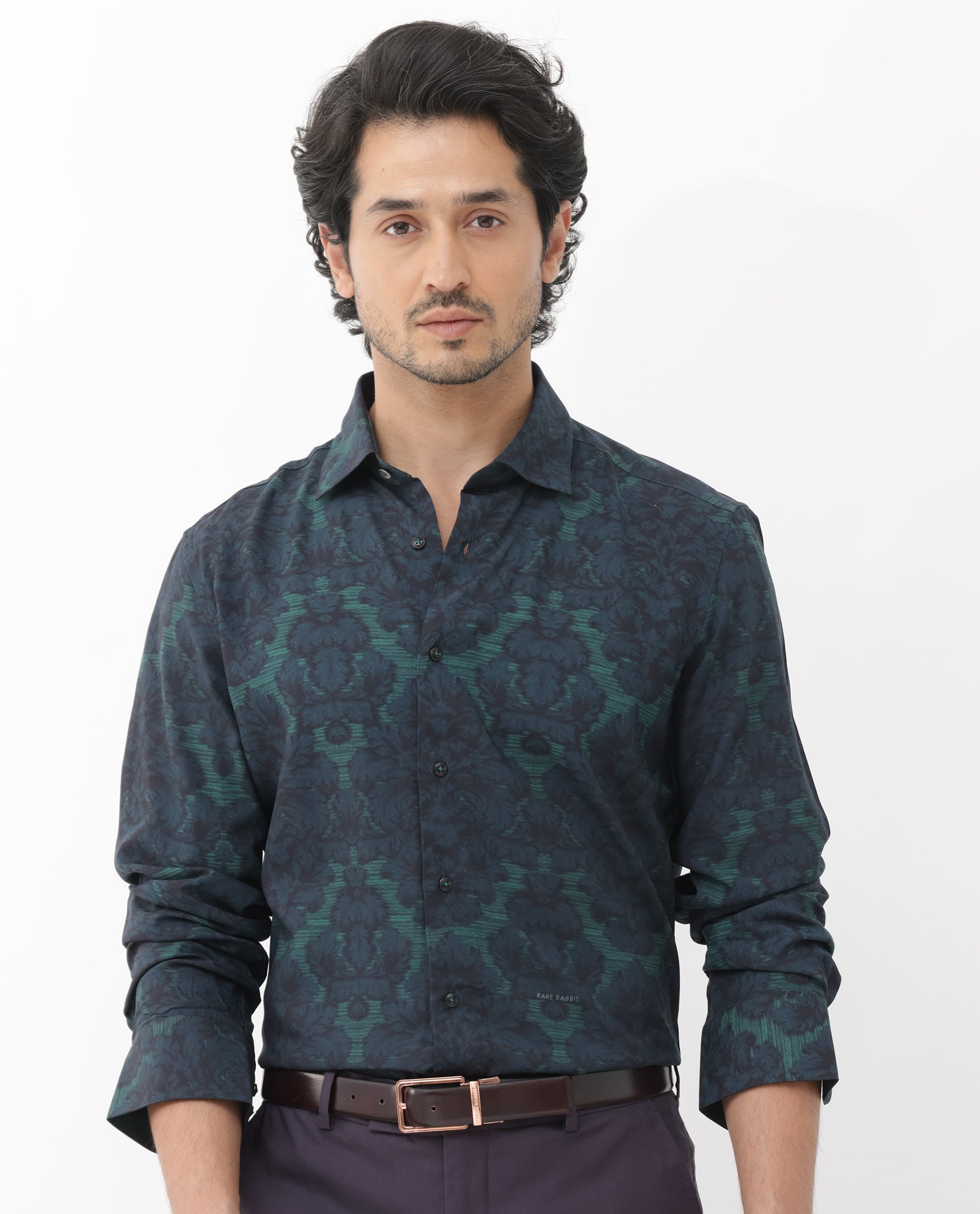 Rare Rabbit Mens Crux Dark Green Viscose Fabric Full Sleeve Floral Print Shirt