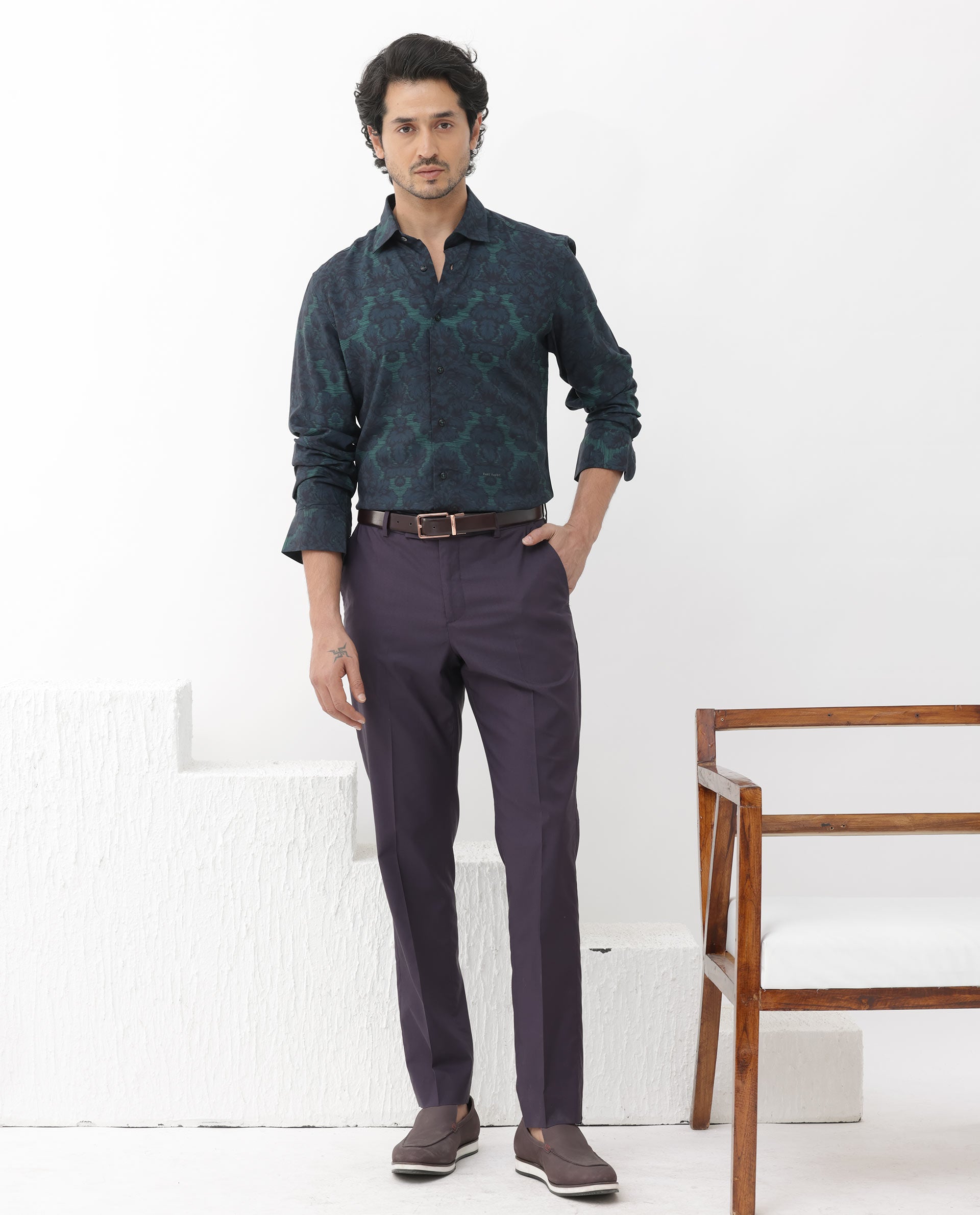 Rare Rabbit Mens Crux Dark Green Viscose Fabric Full Sleeve Floral Print Shirt