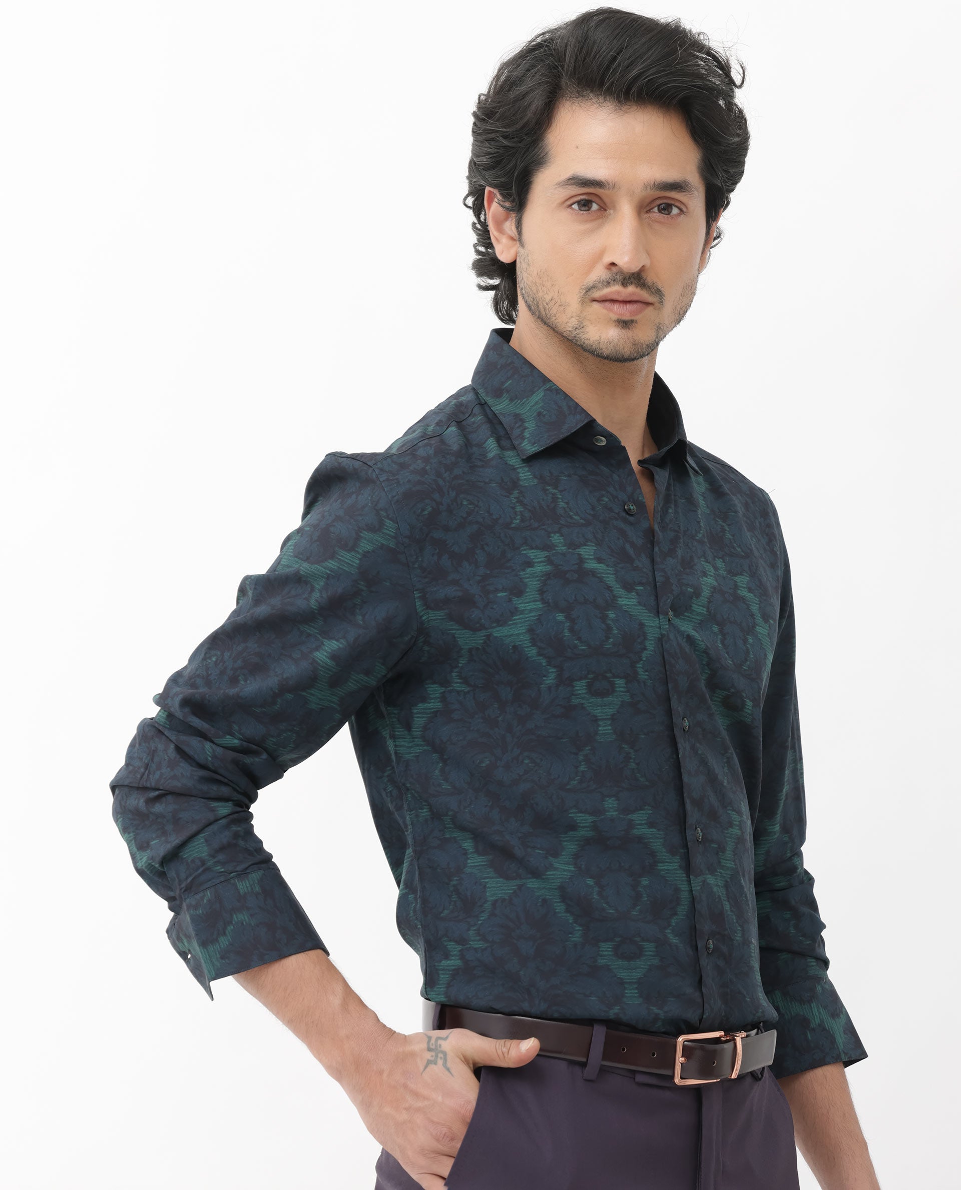 Rare Rabbit Mens Crux Dark Green Viscose Fabric Full Sleeve Floral Print Shirt
