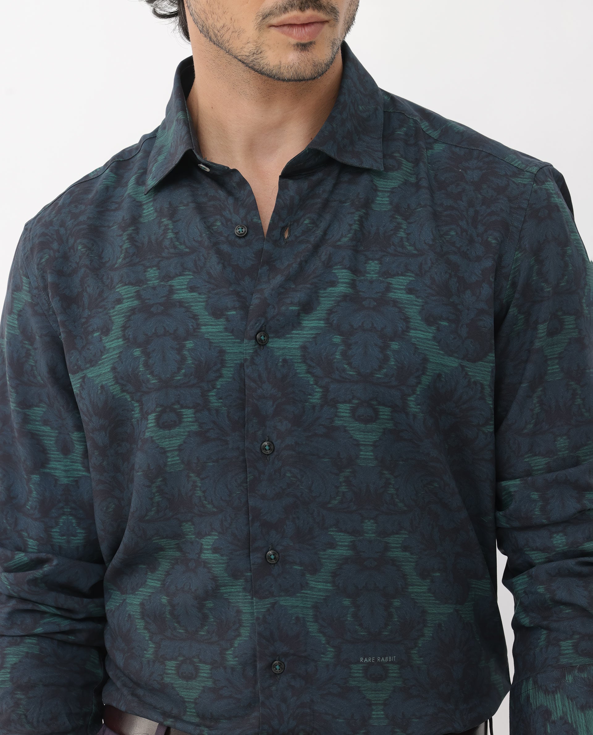 Rare Rabbit Mens Crux Dark Green Viscose Fabric Full Sleeve Floral Print Shirt