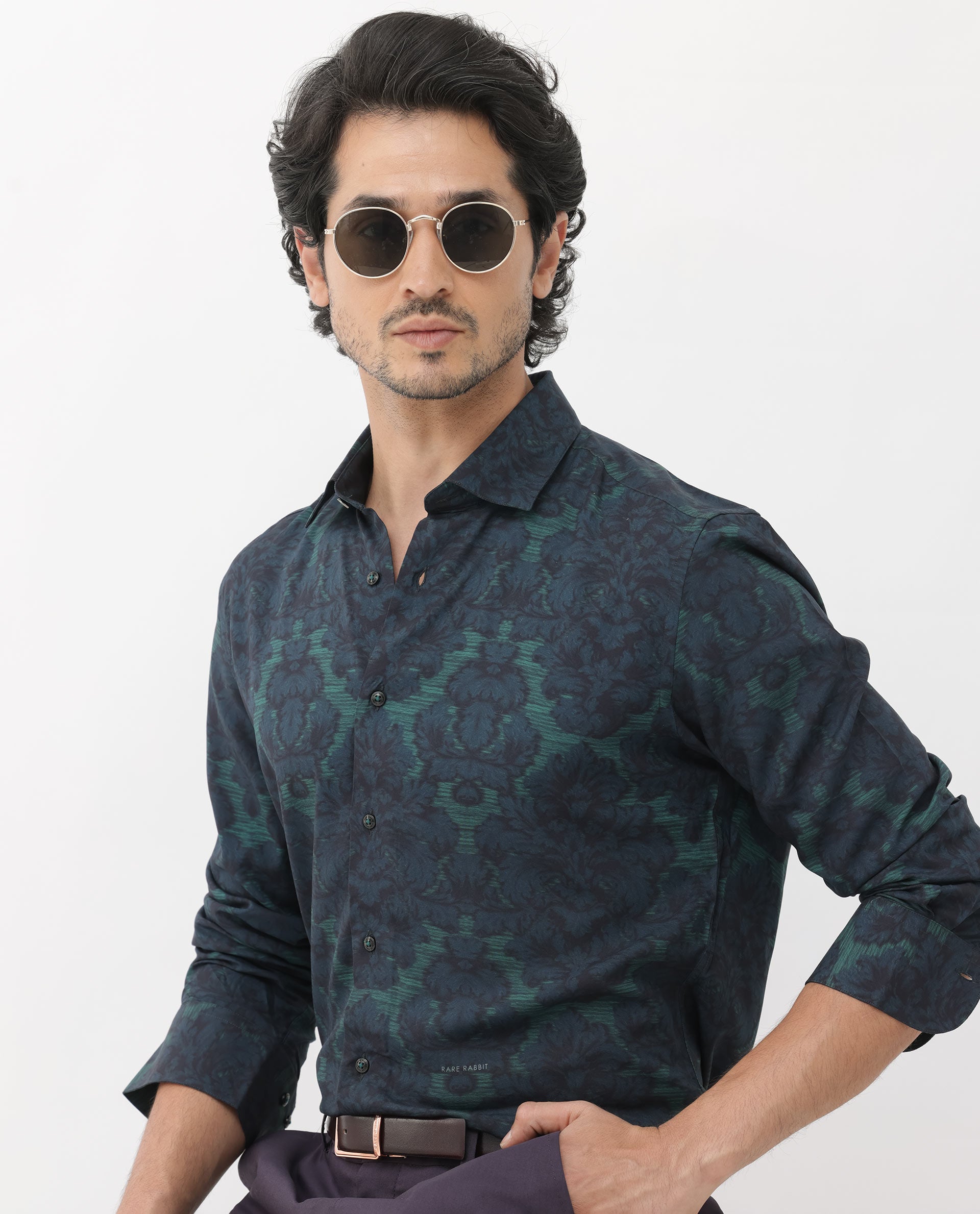 Rare Rabbit Mens Crux Dark Green Viscose Fabric Full Sleeve Floral Print Shirt