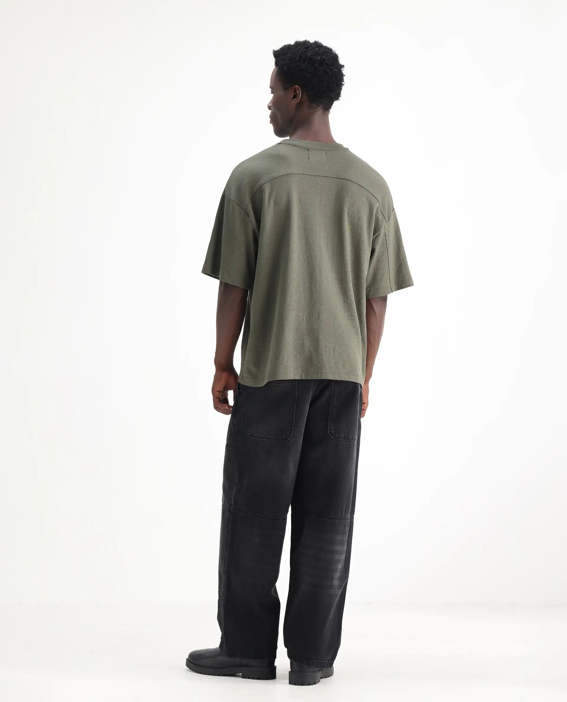 Rare Rabbit Men's Cruz Black Cotton Plain Baggy Fit Jeans