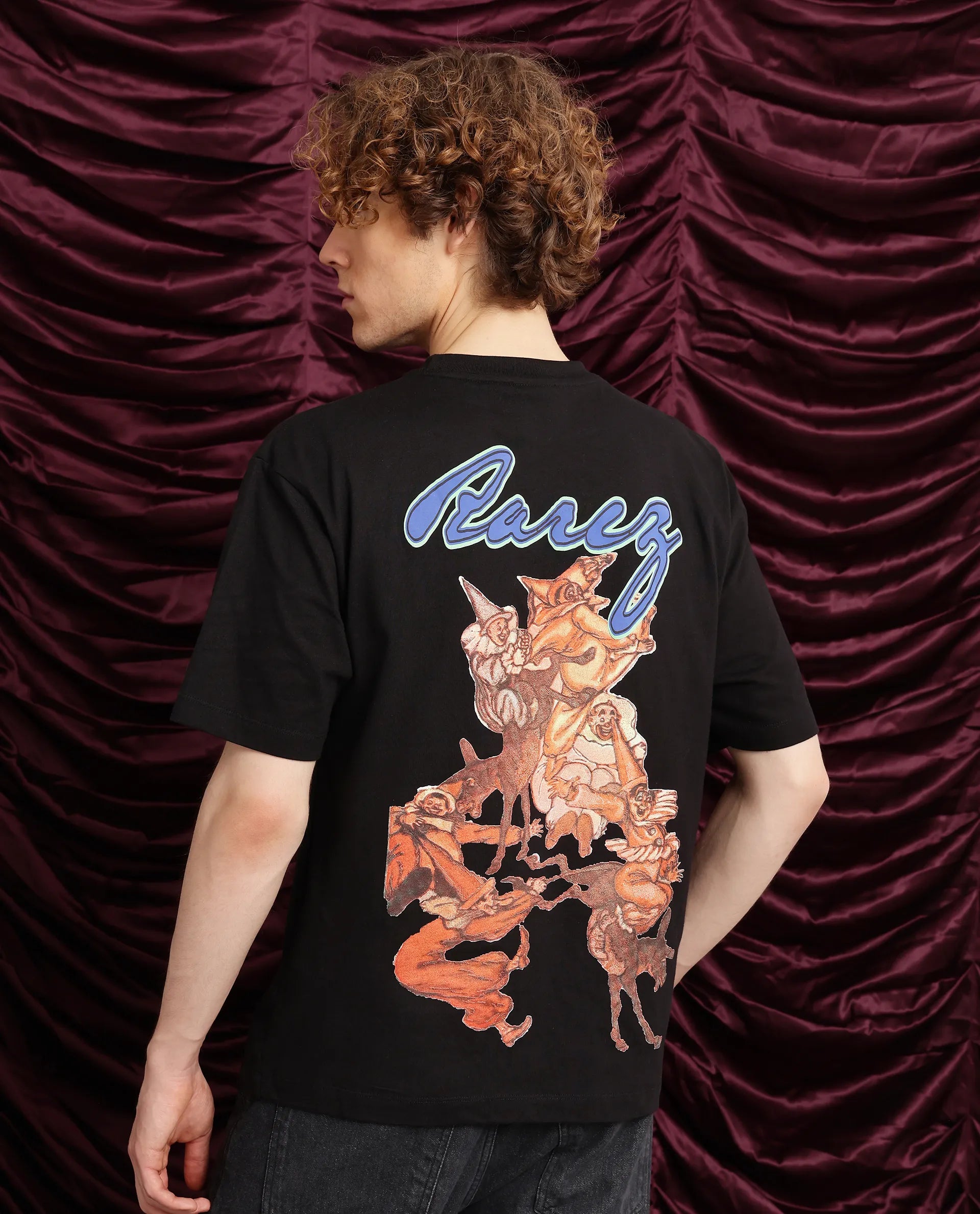 Rare Rabbit Men Cruzo Black Cotton Fabric Short Sleeve Crew Neck Oversized Fit Graphic Back Print T-Shirt