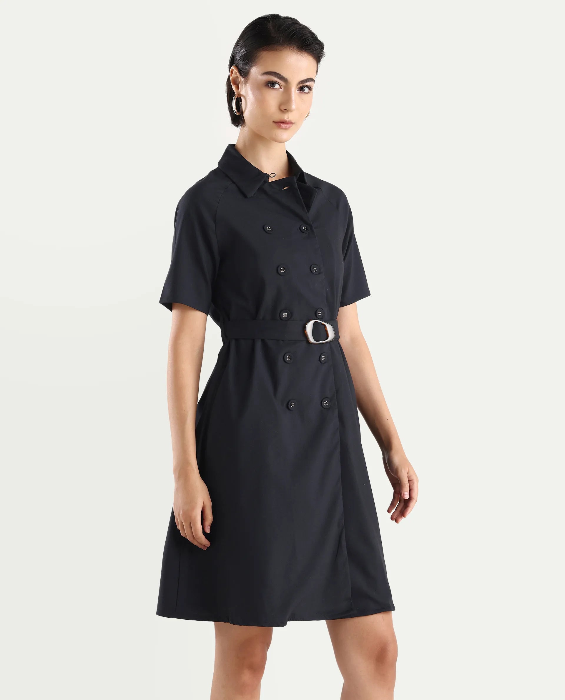 Rareism Women's Crypty Navy Polyester Blend Drop Collar Plain Knee Length A-Line Dress