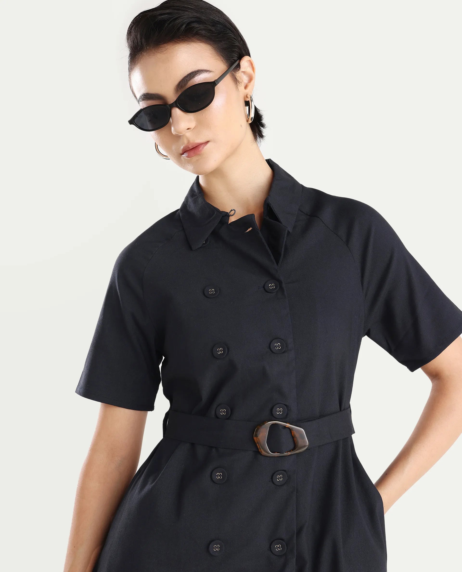 Rareism Women's Crypty Navy Polyester Blend Drop Collar Plain Knee Length A-Line Dress