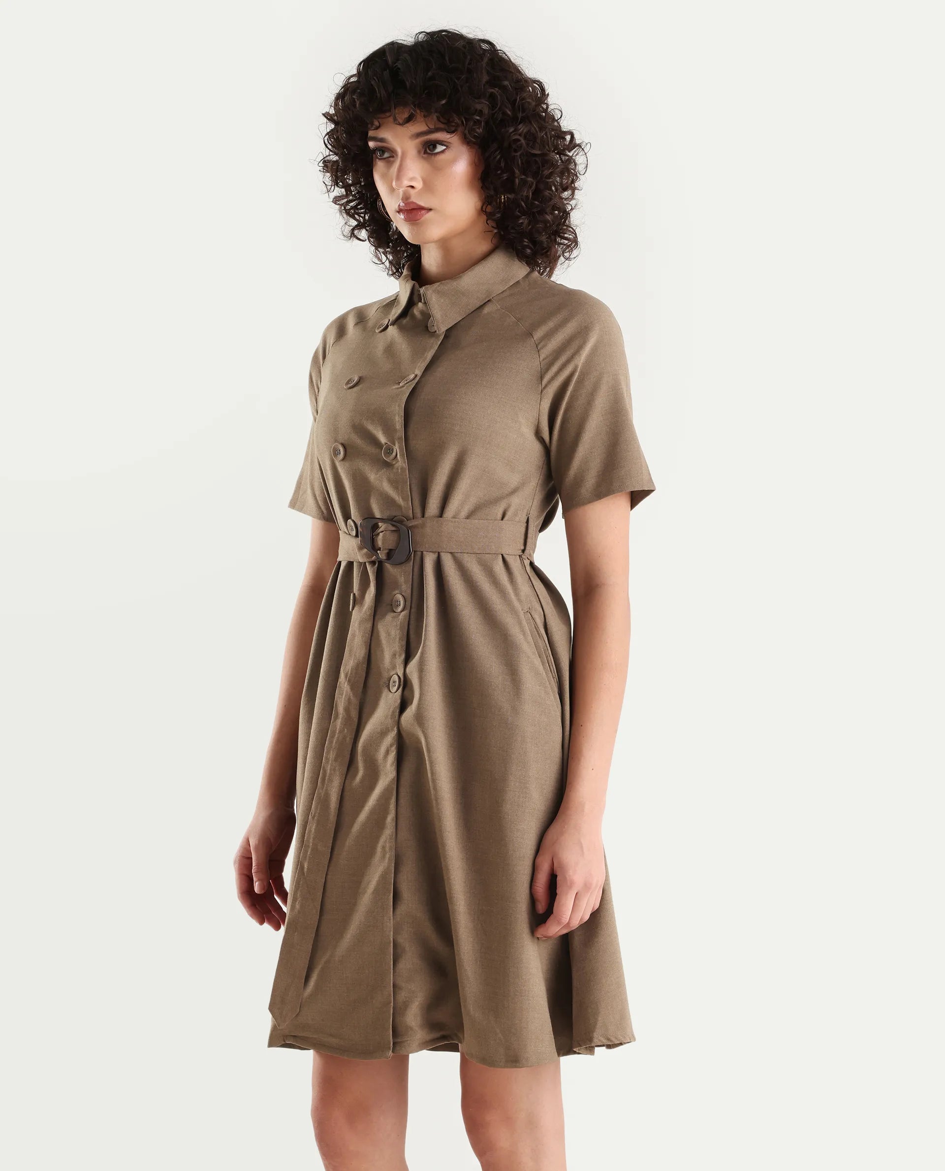 Rareism Women's Polyester Blend Drop Collar Plain Knee Length A-Line Dress