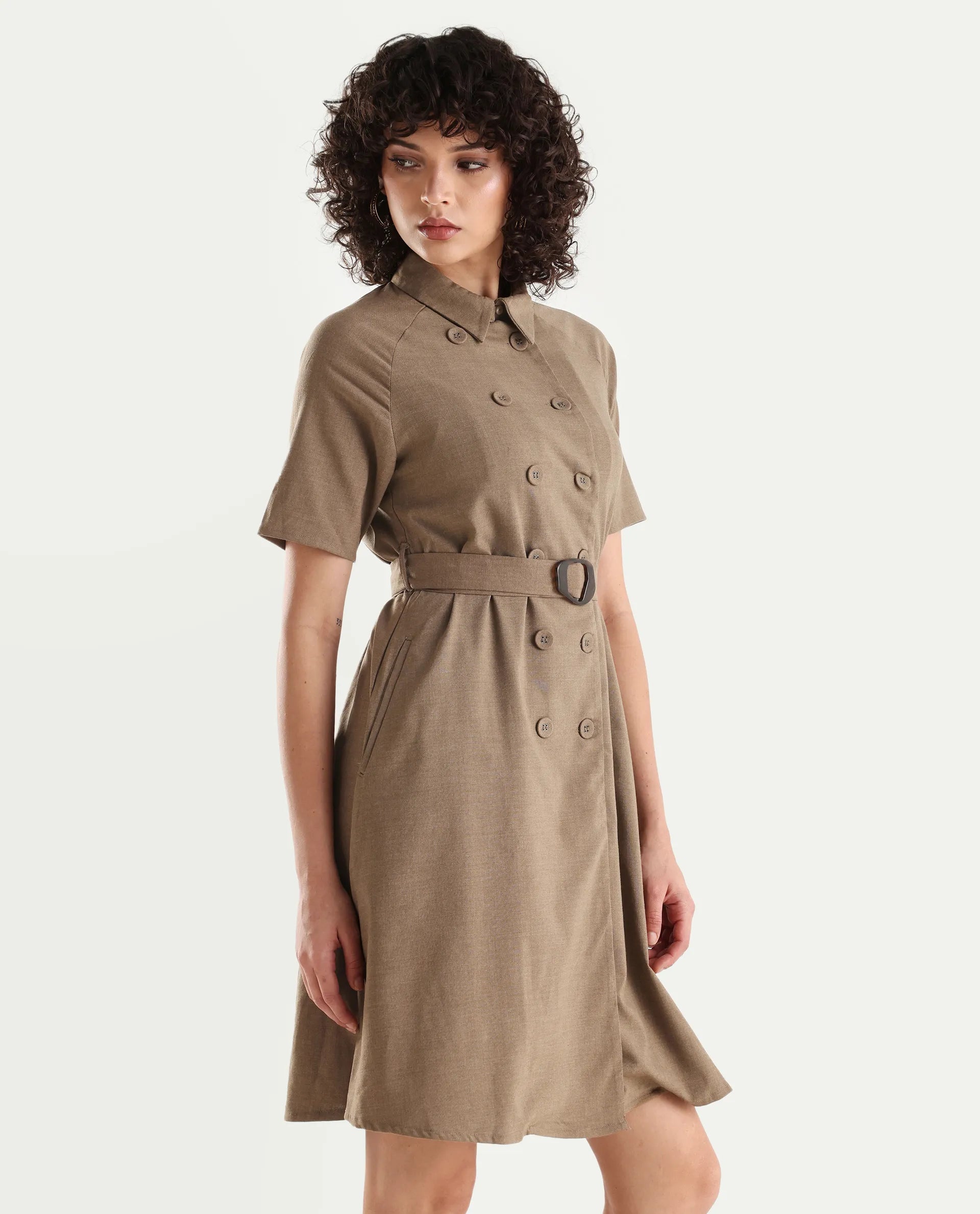 Rareism Women's Polyester Blend Drop Collar Plain Knee Length A-Line Dress