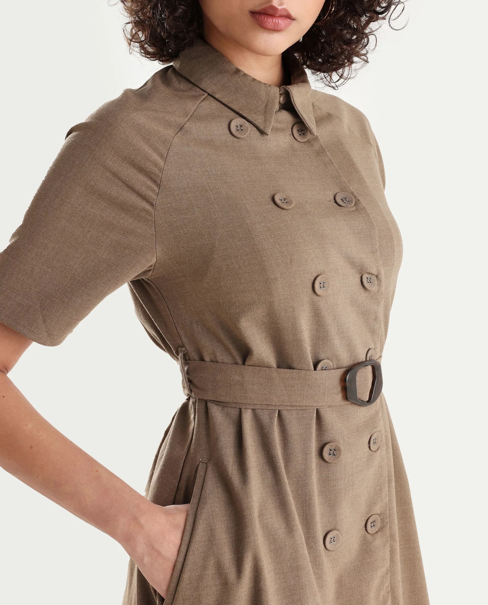 Rareism Women's Polyester Blend Drop Collar Plain Knee Length A-Line Dress