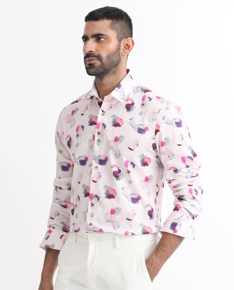 Rare Rabbit Men's Crysta Pink Cotton Fabric Abstract Print Full Sleeves Shirt