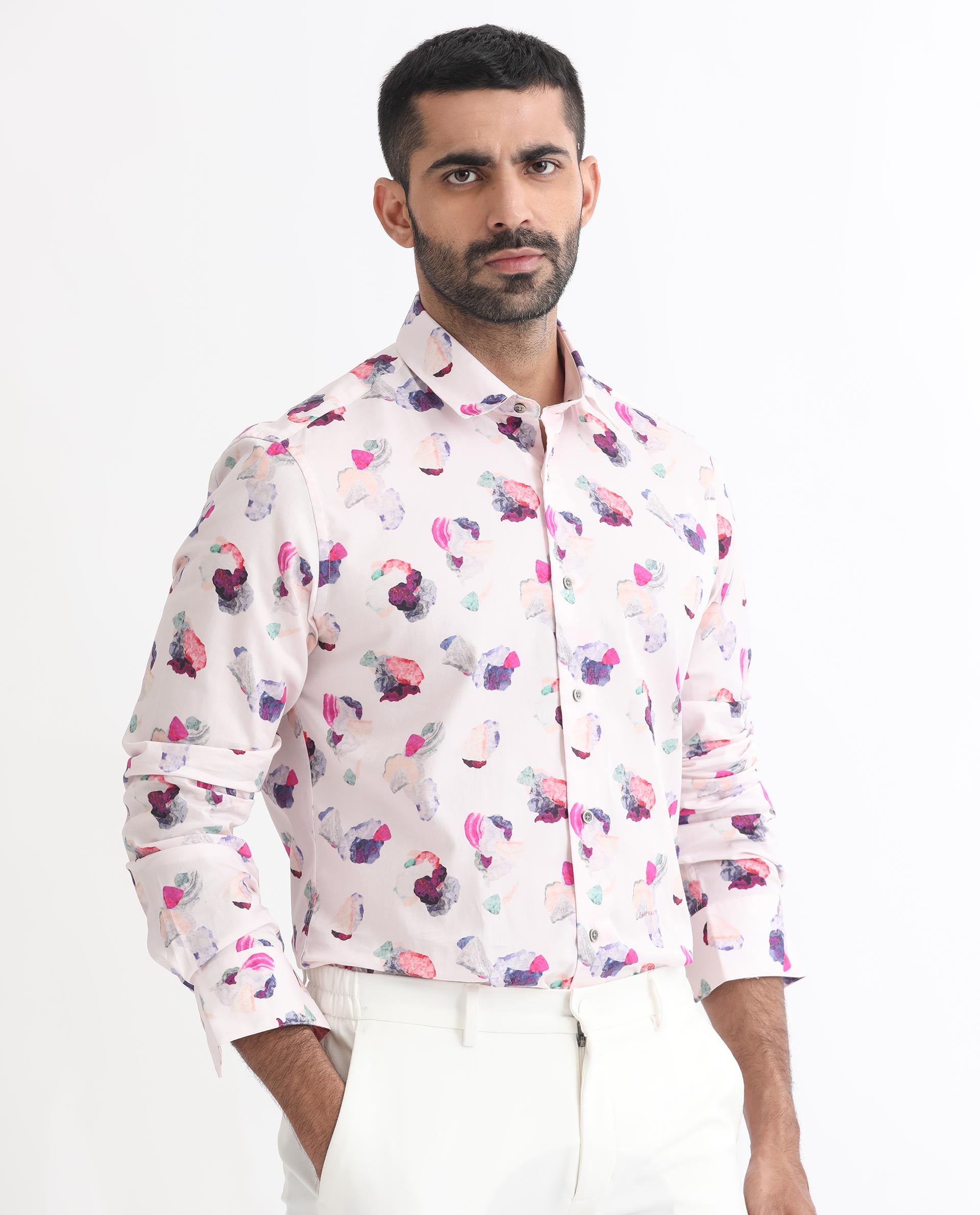 Rare Rabbit Men's Crysta Pink Cotton Fabric Abstract Print Full Sleeves Shirt