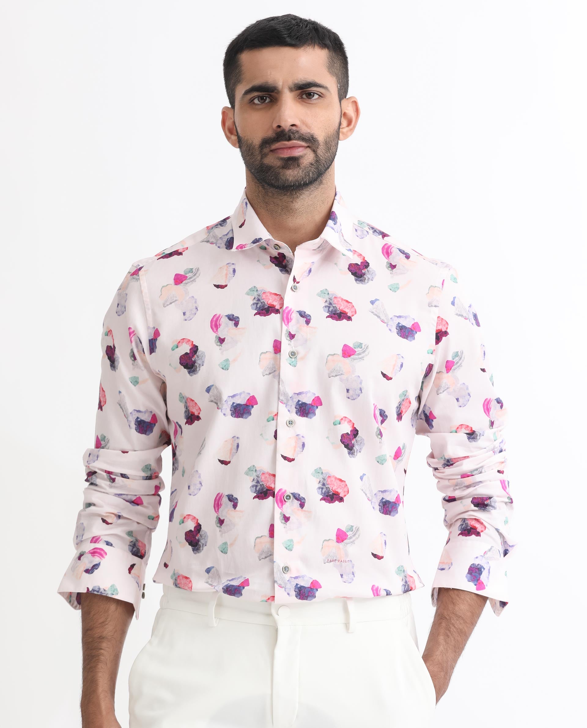 Rare Rabbit Men's Crysta Pink Cotton Fabric Abstract Print Full Sleeves Shirt