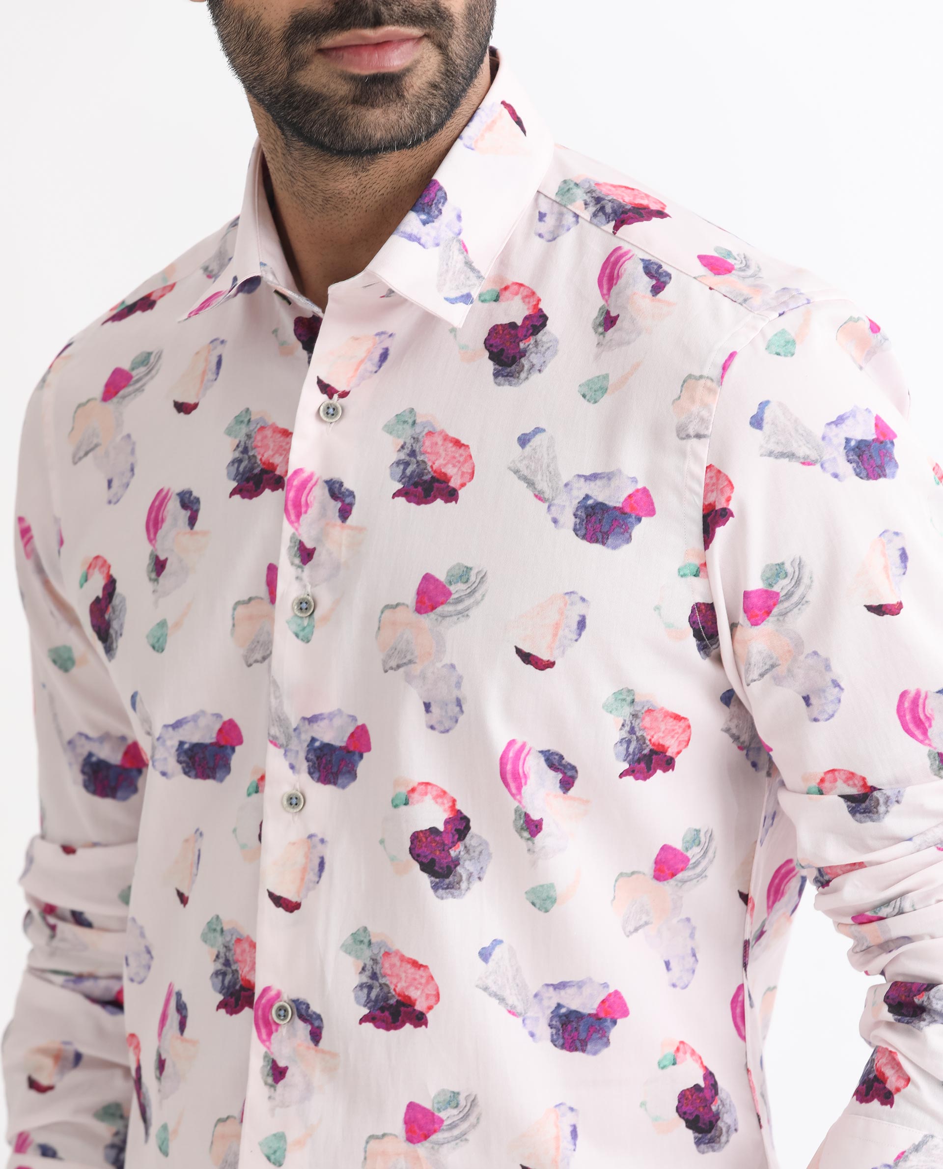 Rare Rabbit Men's Crysta Pink Cotton Fabric Abstract Print Full Sleeves Shirt