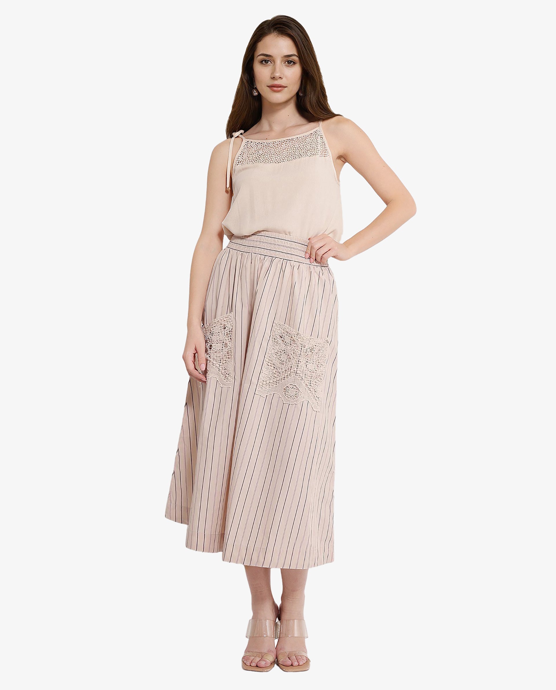 Rareism Women Cuba-B Light Beige Cotton Fabric Stripe Ankle Length Skirt