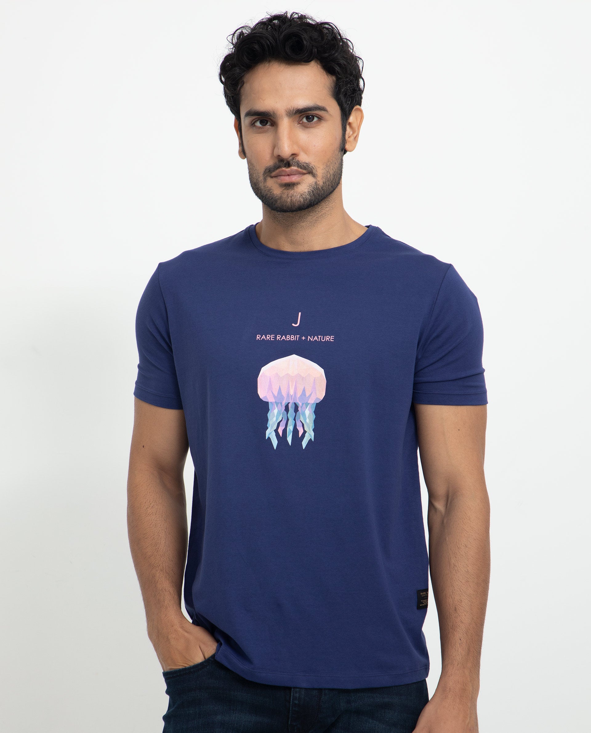 Rare Rabbit Men's Cubana Blue Crew Neck Discharge Print Half Sleeves Slim Fit T-Shirt