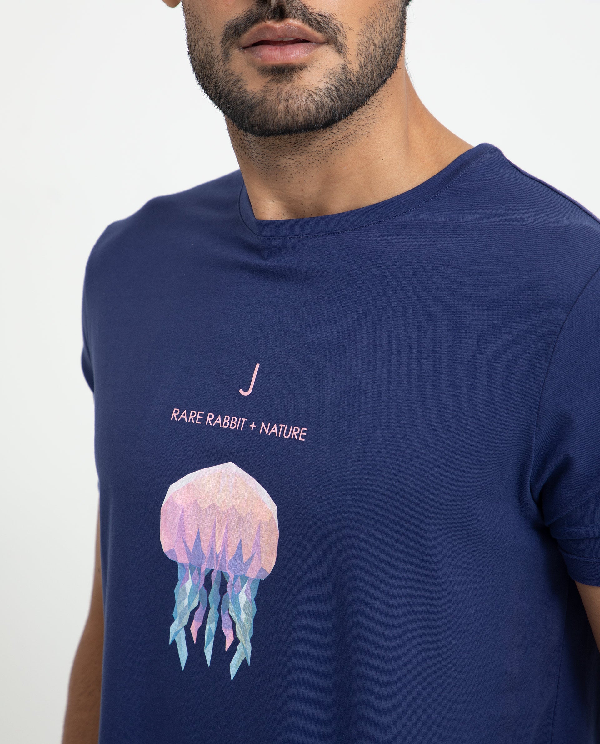 Rare Rabbit Men's Cubana Blue Crew Neck Discharge Print Half Sleeves Slim Fit T-Shirt