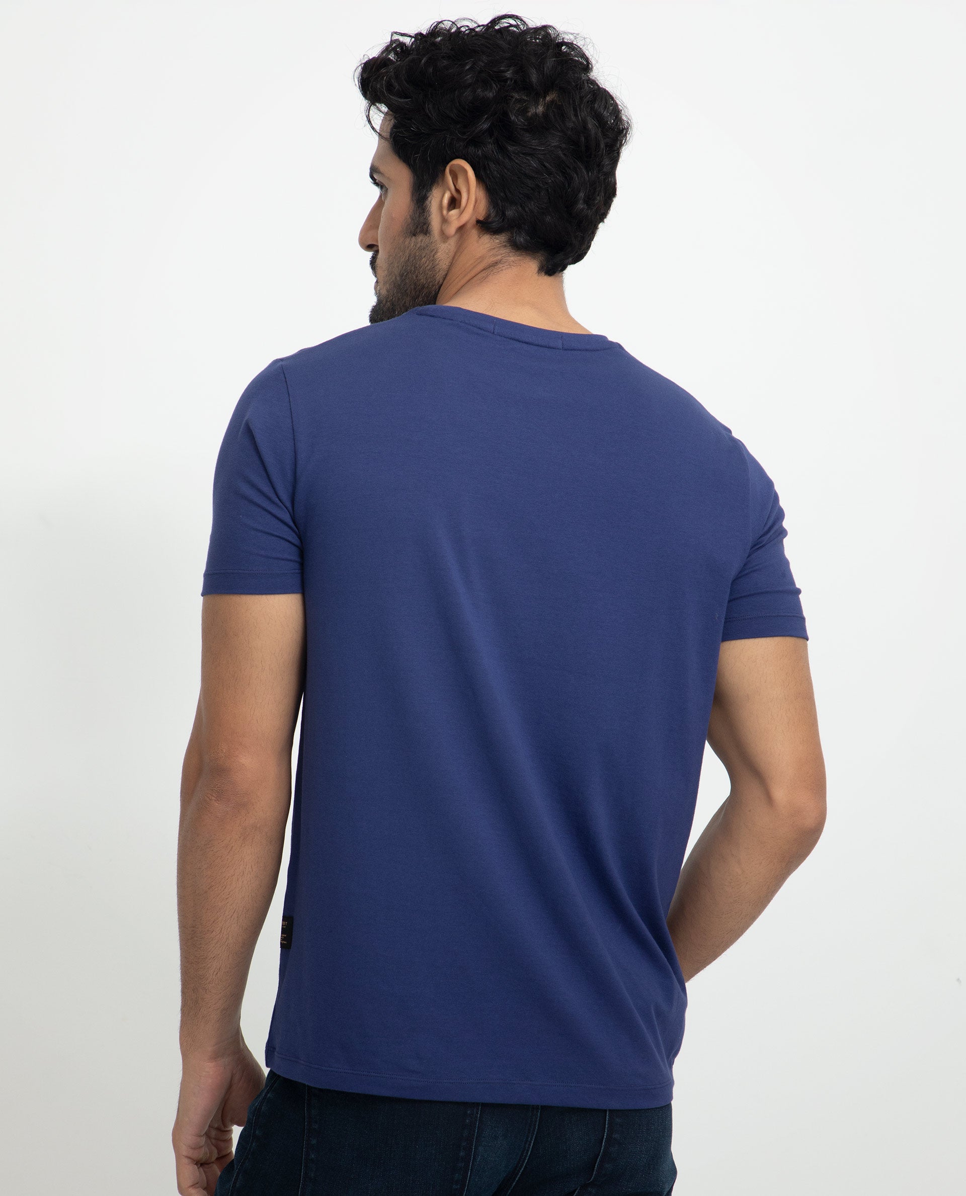 Rare Rabbit Men's Cubana Blue Crew Neck Discharge Print Half Sleeves Slim Fit T-Shirt