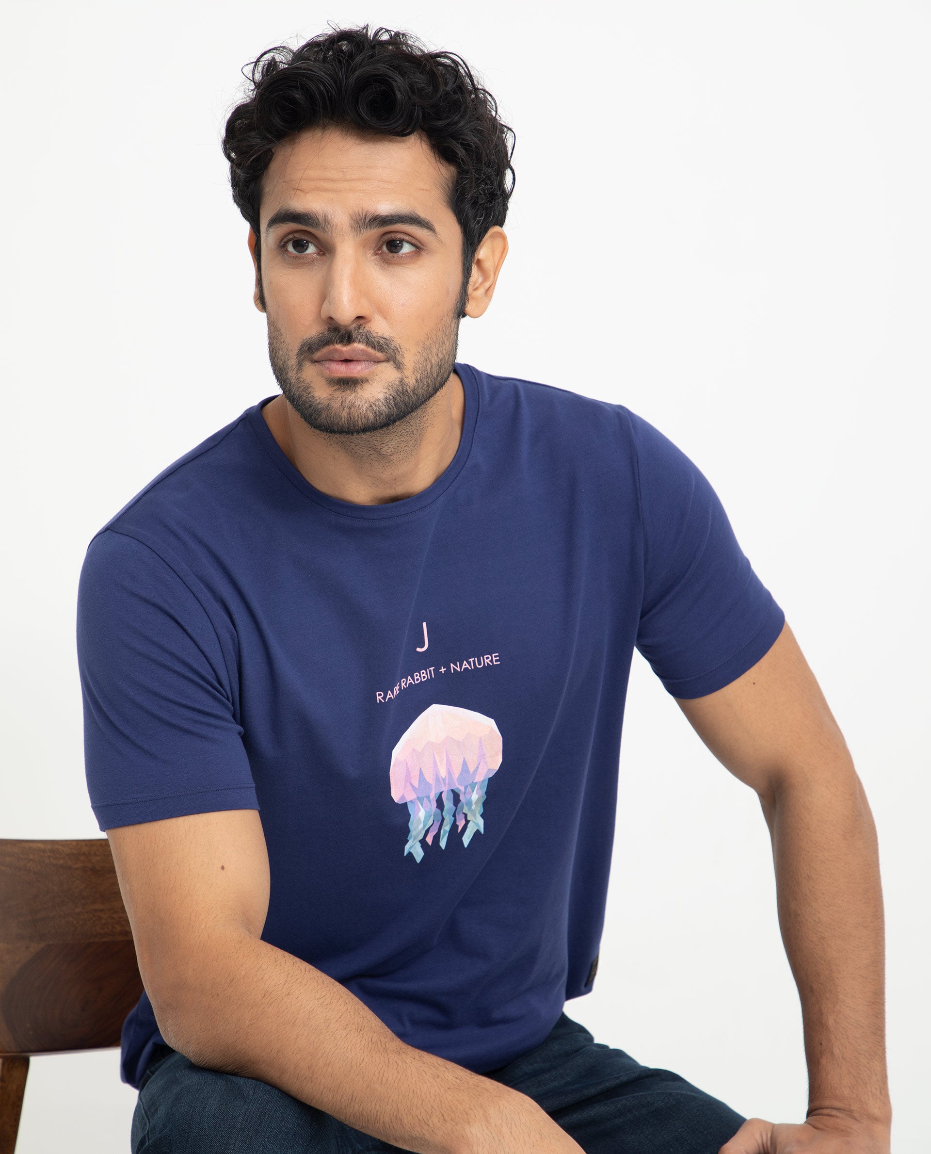 Rare Rabbit Men's Cubana Blue Crew Neck Discharge Print Half Sleeves Slim Fit T-Shirt