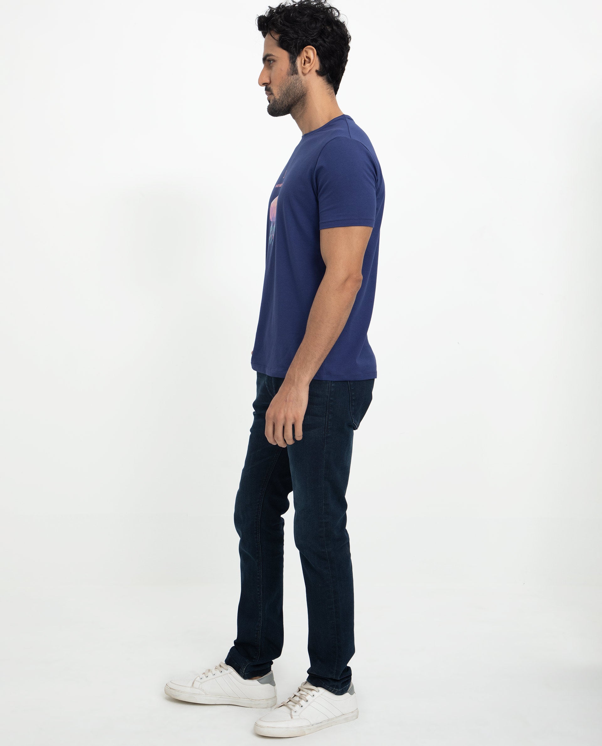 Rare Rabbit Men's Cubana Blue Crew Neck Discharge Print Half Sleeves Slim Fit T-Shirt