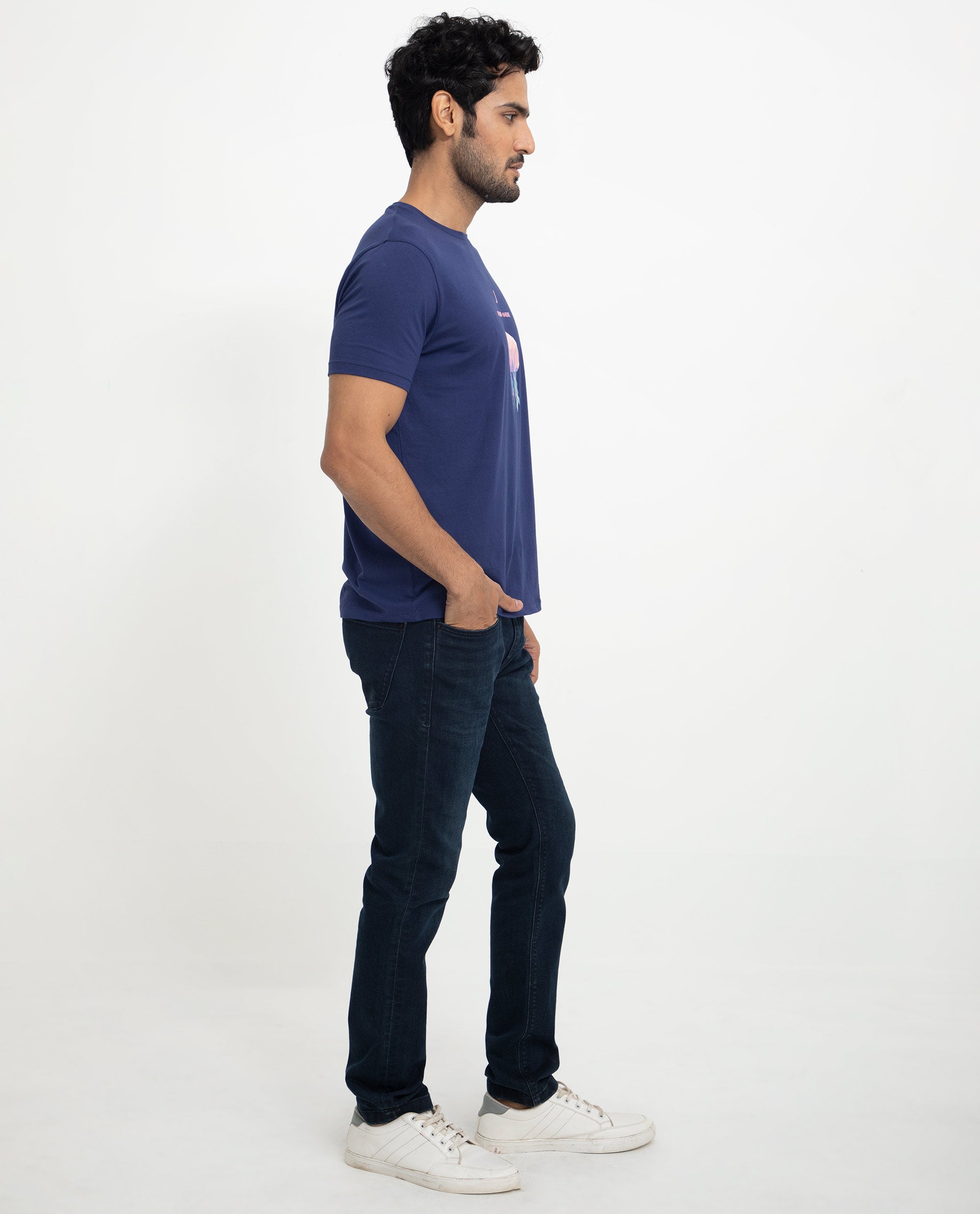 Rare Rabbit Men's Cubana Blue Crew Neck Discharge Print Half Sleeves Slim Fit T-Shirt