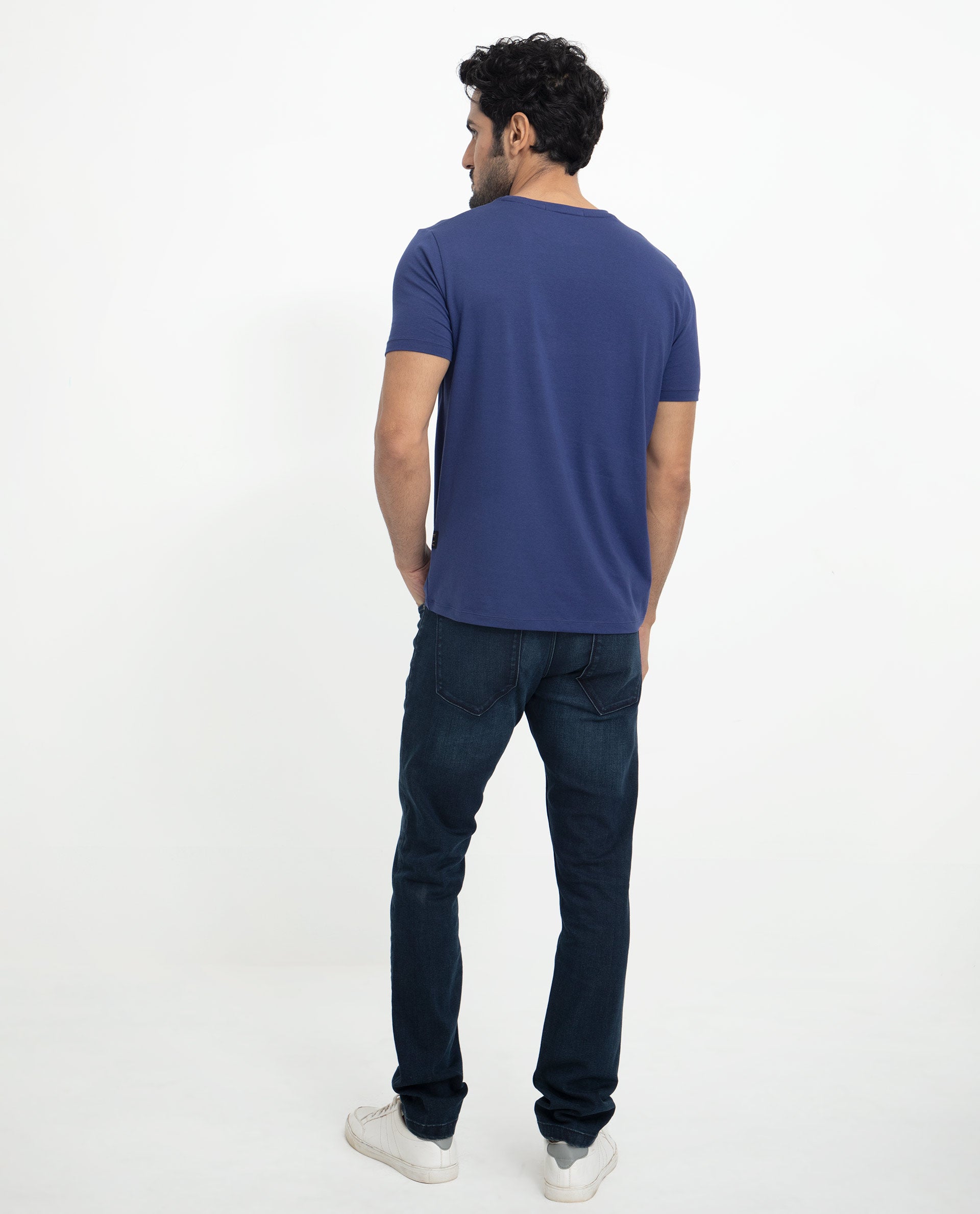 Rare Rabbit Men's Cubana Blue Crew Neck Discharge Print Half Sleeves Slim Fit T-Shirt