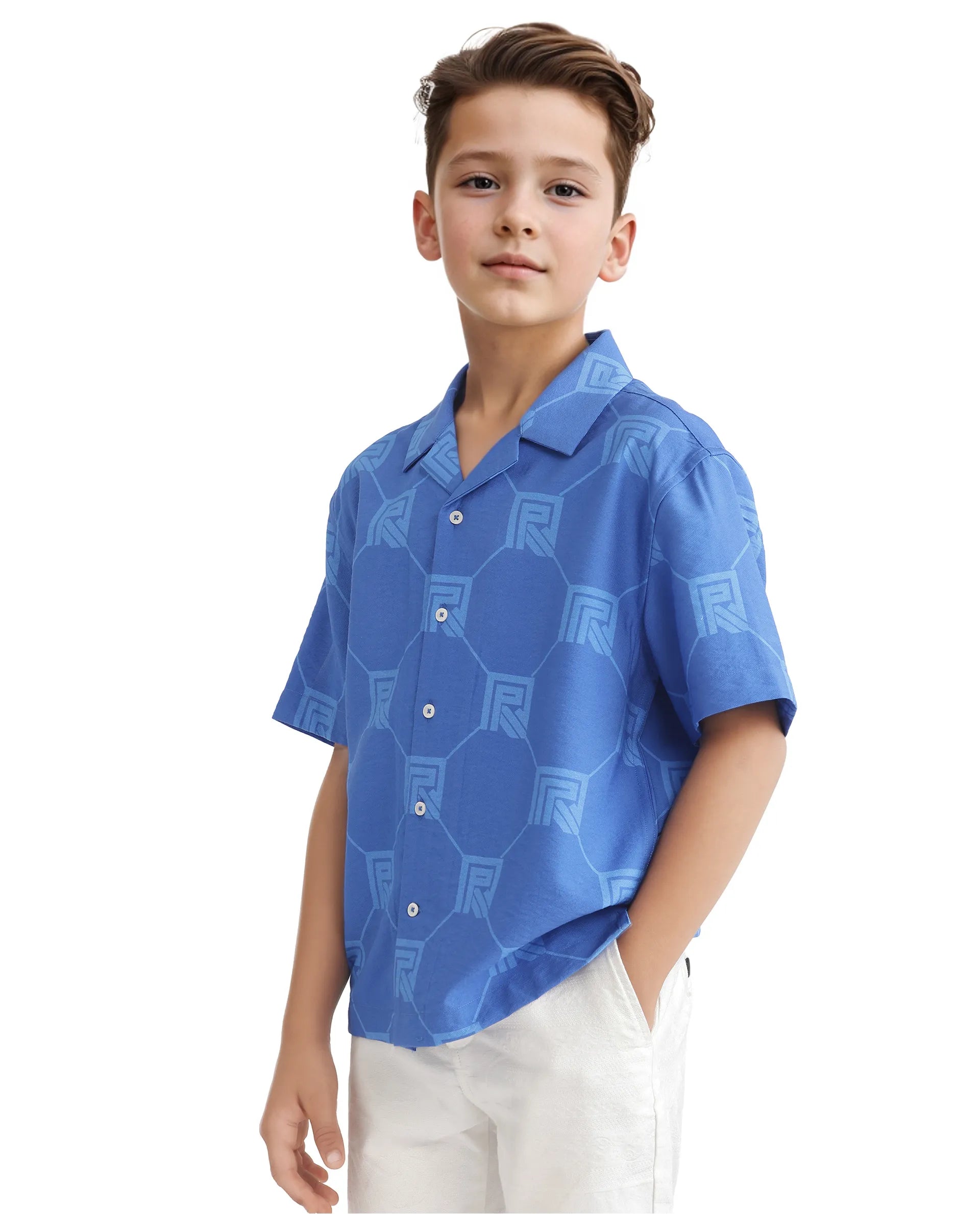 Rare Ones Kids Rynk Blue Viscose Blend Half Sleeve Button Printed Regular Fit Shirt