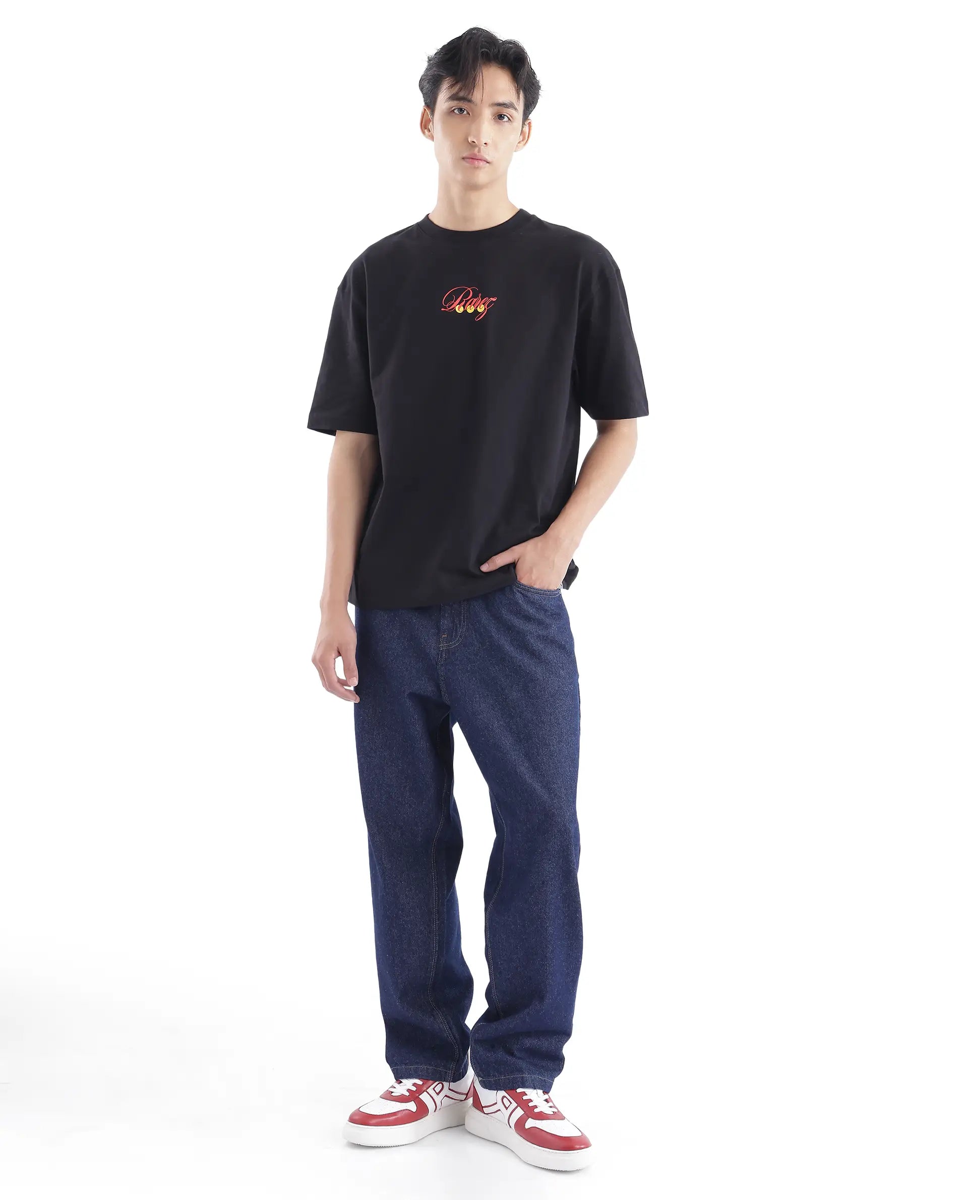 Rare Rabbit Men Cube Black Cotton Fabric Short Sleeve Crew Neck Oversized Fit Graphic Back Print T-Shirt