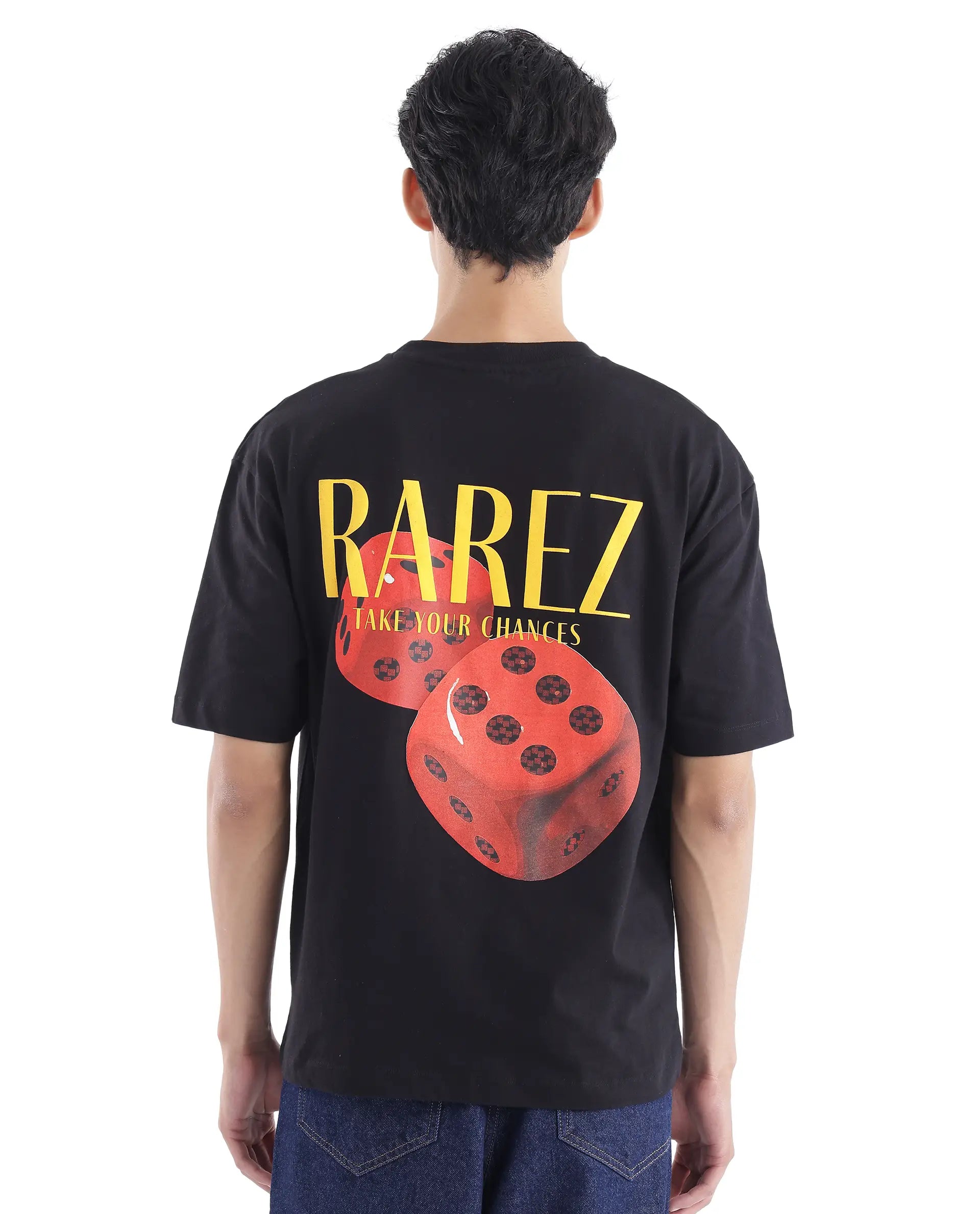 Rare Rabbit Men Cube Black Cotton Fabric Short Sleeve Crew Neck Oversized Fit Graphic Back Print T-Shirt