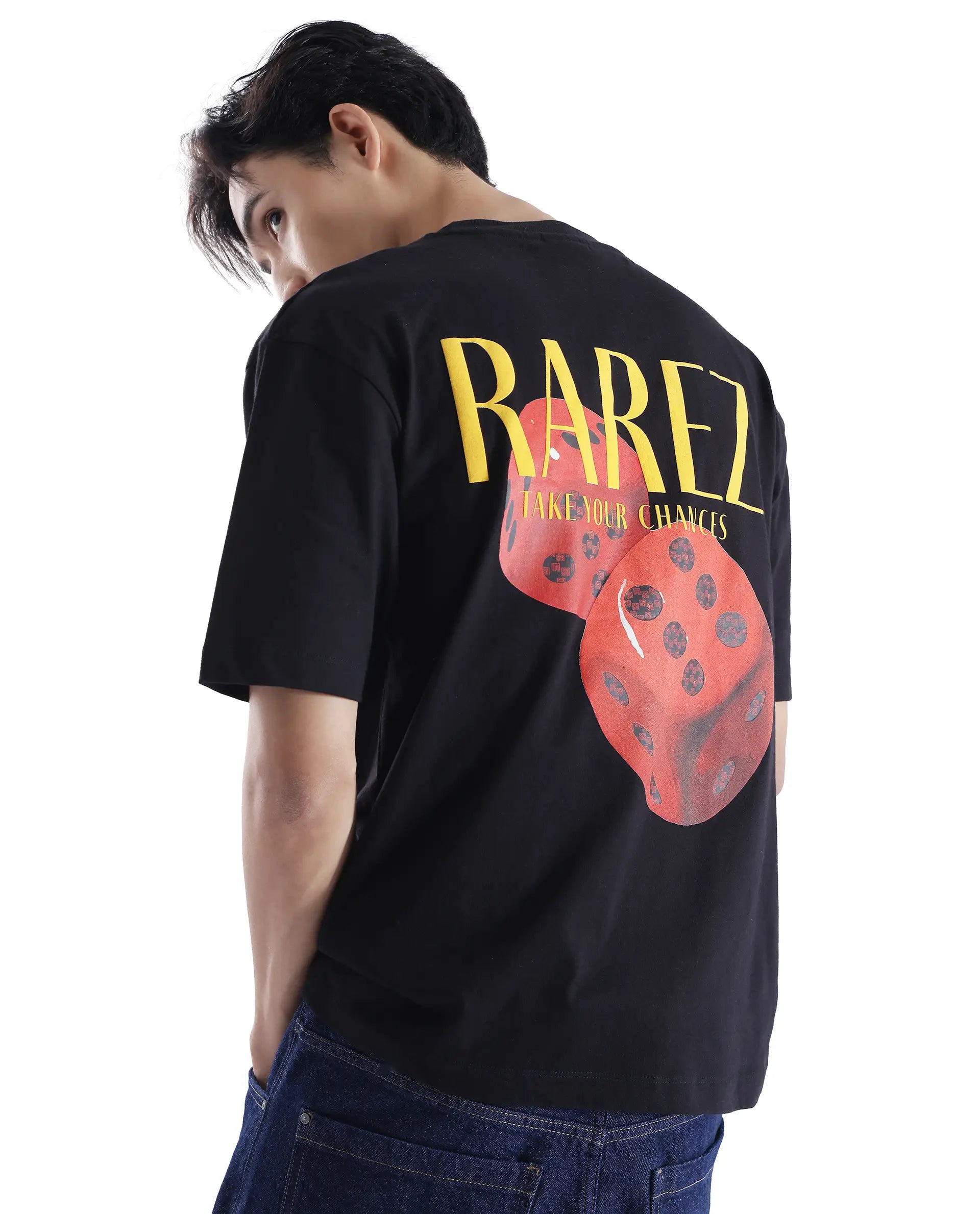 Rare Rabbit Men Cube Black Cotton Fabric Short Sleeve Crew Neck Oversized Fit Graphic Back Print T-Shirt
