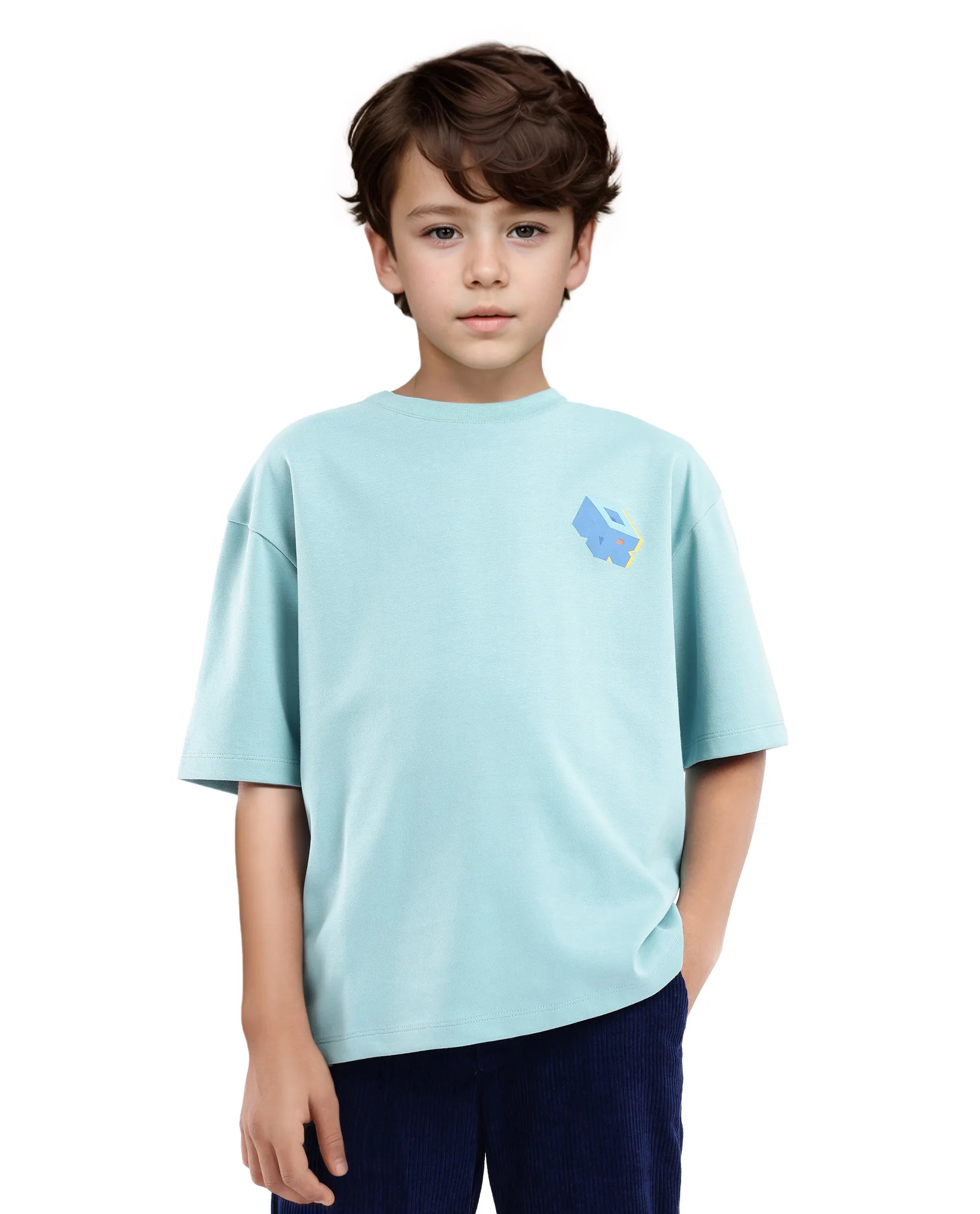 Rare Ones Kids Cube Light Turq Cotton Half Sleeves Crew Neck Back Graphic Print T-Shirt