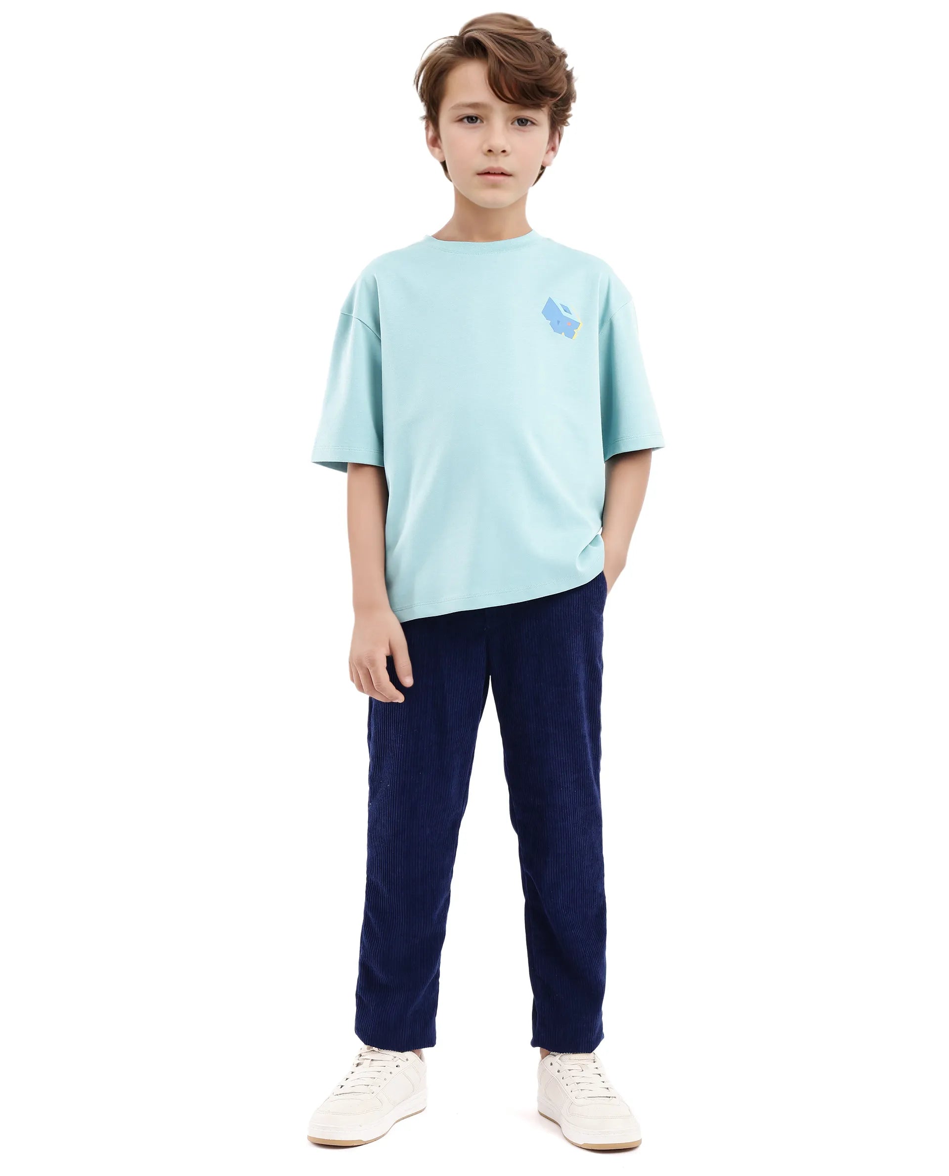 Rare Ones Kids Cube Light Turq Cotton Half Sleeves Crew Neck Back Graphic Print T-Shirt