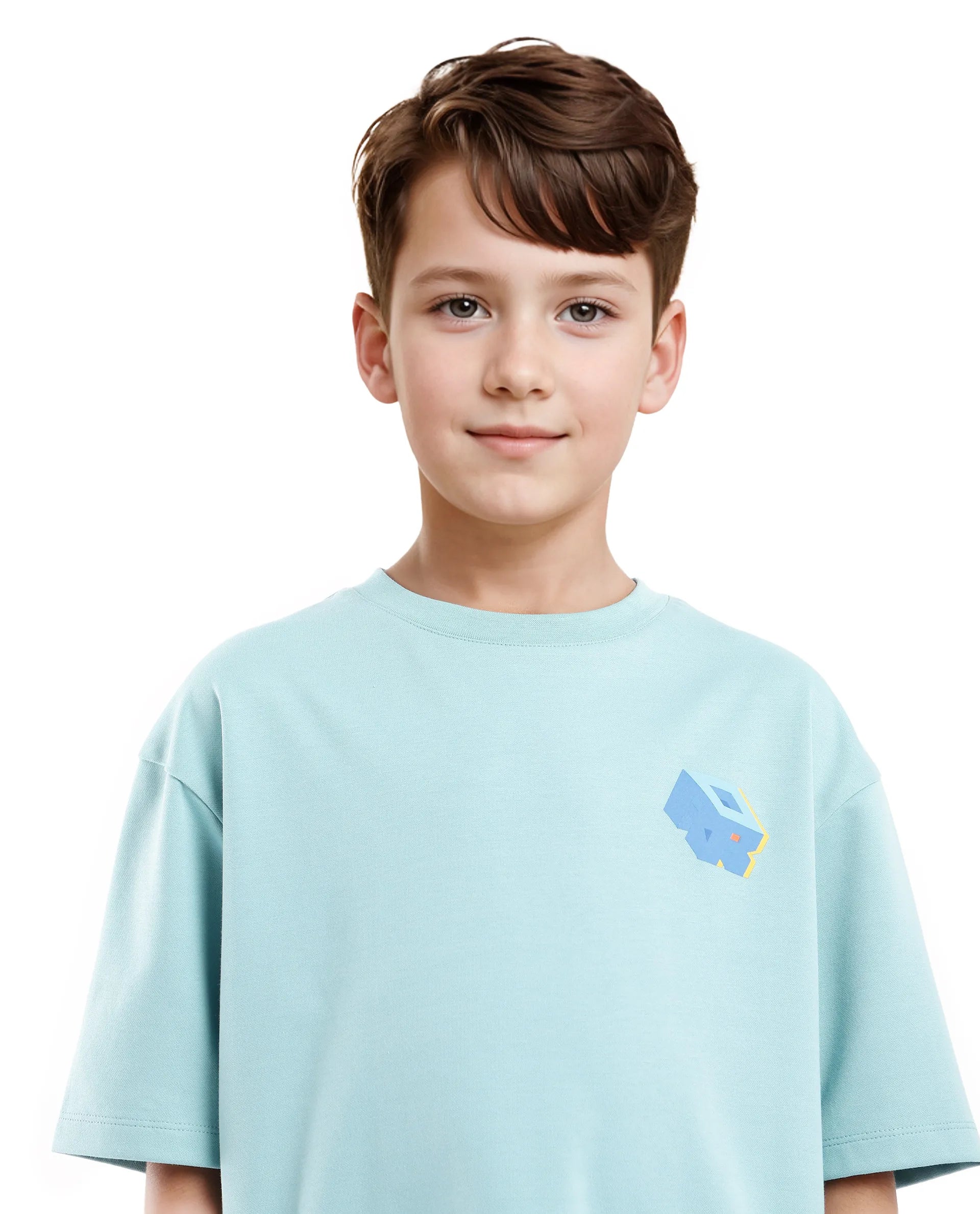 Rare Ones Kids Cube Light Turq Cotton Half Sleeves Crew Neck Back Graphic Print T-Shirt