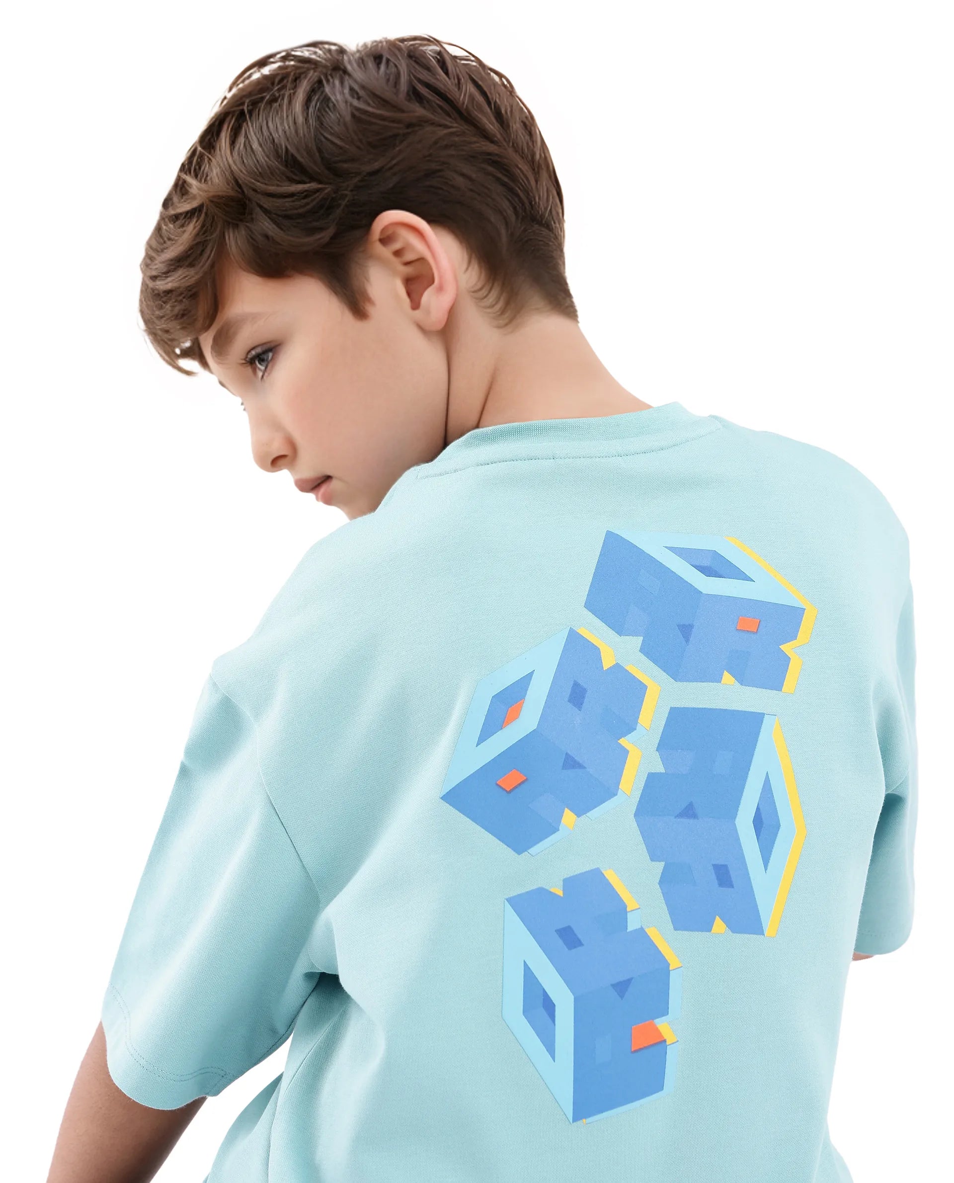 Rare Ones Kids Cube Light Turq Cotton Half Sleeves Crew Neck Back Graphic Print T-Shirt