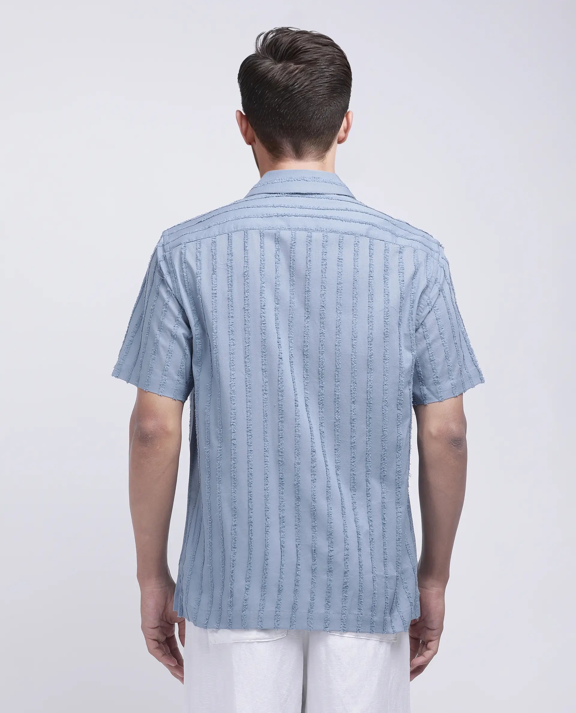 Rare Rabbit Men's Cuen Blue Cotton Striped Print Boxy Fit Half Sleeve Cuban Collar Shirt