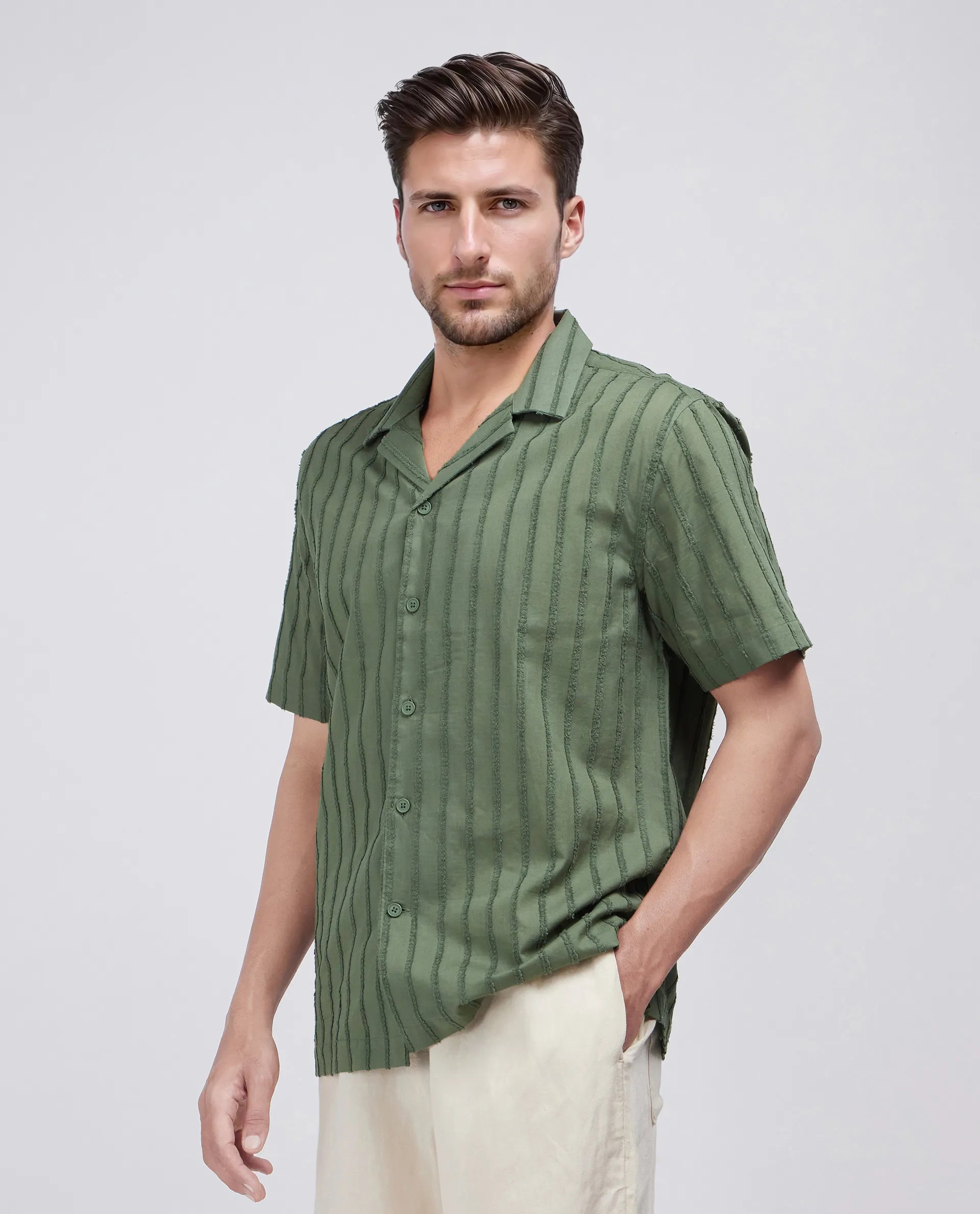 Rare Rabbit Men's Cuen Dark Green Cotton Fabric Short Sleeve Collared Neck Button Closure Printed Shirt