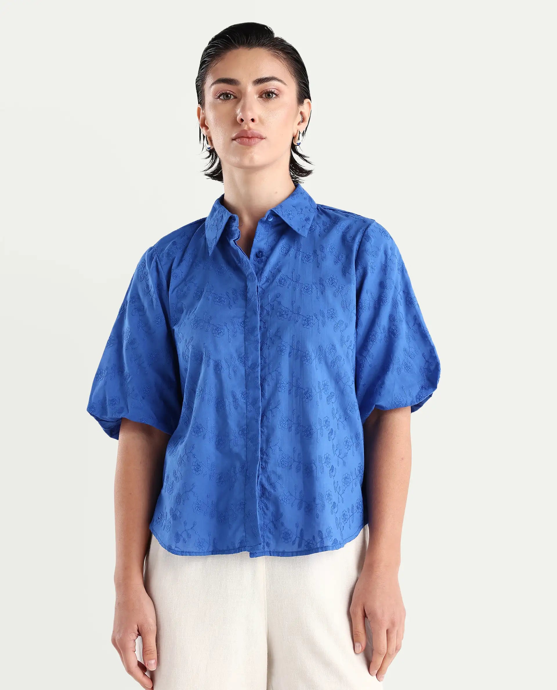 Rareism Women's Cuire Blue Cotton Drop Collar Embroidered Balloon Sleeve Regular Fit Shirt