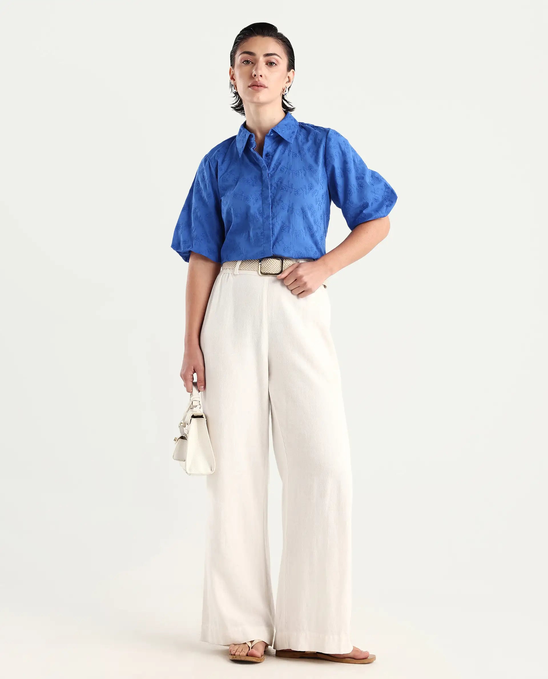 Rareism Women's Cuire Blue Cotton Drop Collar Embroidered Balloon Sleeve Regular Fit Shirt