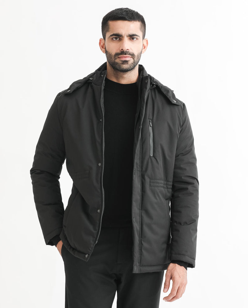 RARE RABBIT MENS CULTURE BLACK JACKET POLYESTER FABRIC HOODED NECK WOVEN FULL SLEEVES BUTTON AND ZIP CLOSURE TAILORED FIT