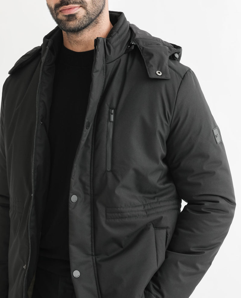 RARE RABBIT MENS CULTURE BLACK JACKET POLYESTER FABRIC HOODED NECK WOVEN FULL SLEEVES BUTTON AND ZIP CLOSURE TAILORED FIT