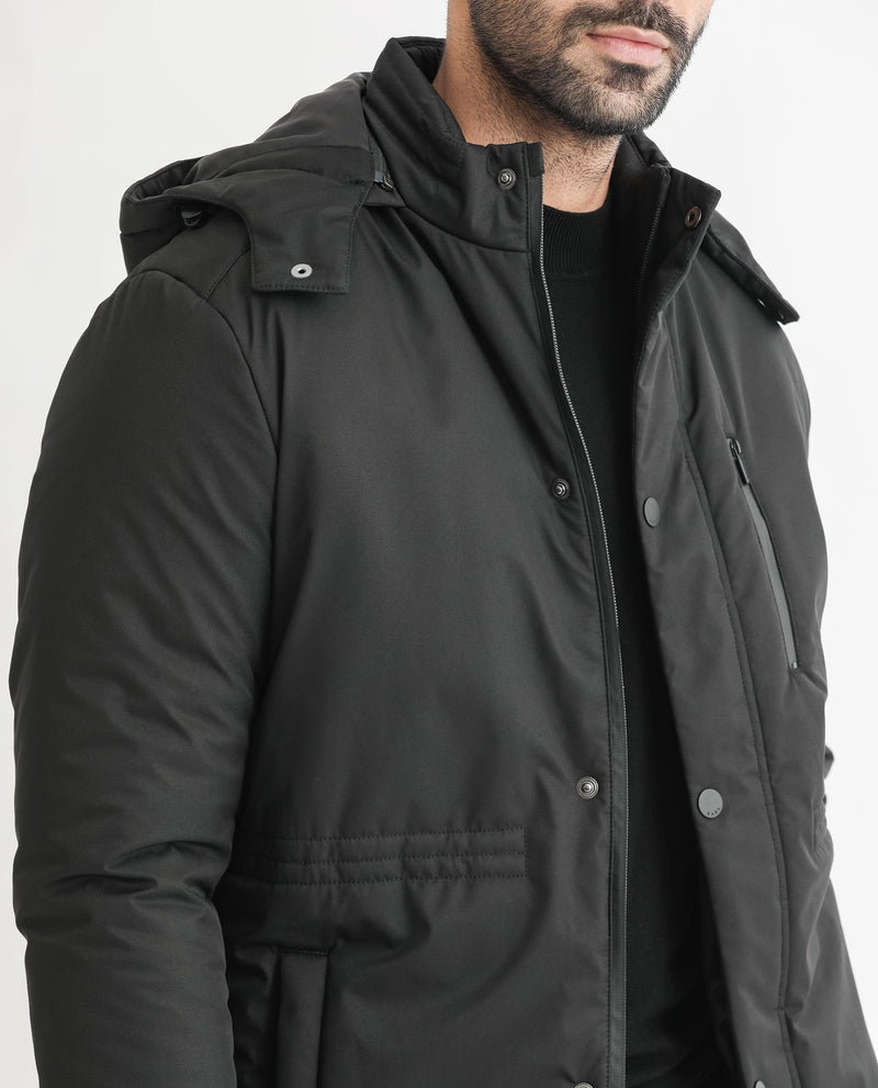 Rare Rabbit Men's Culture Black Plain Quilted Detachable Hood Puffer Jacket