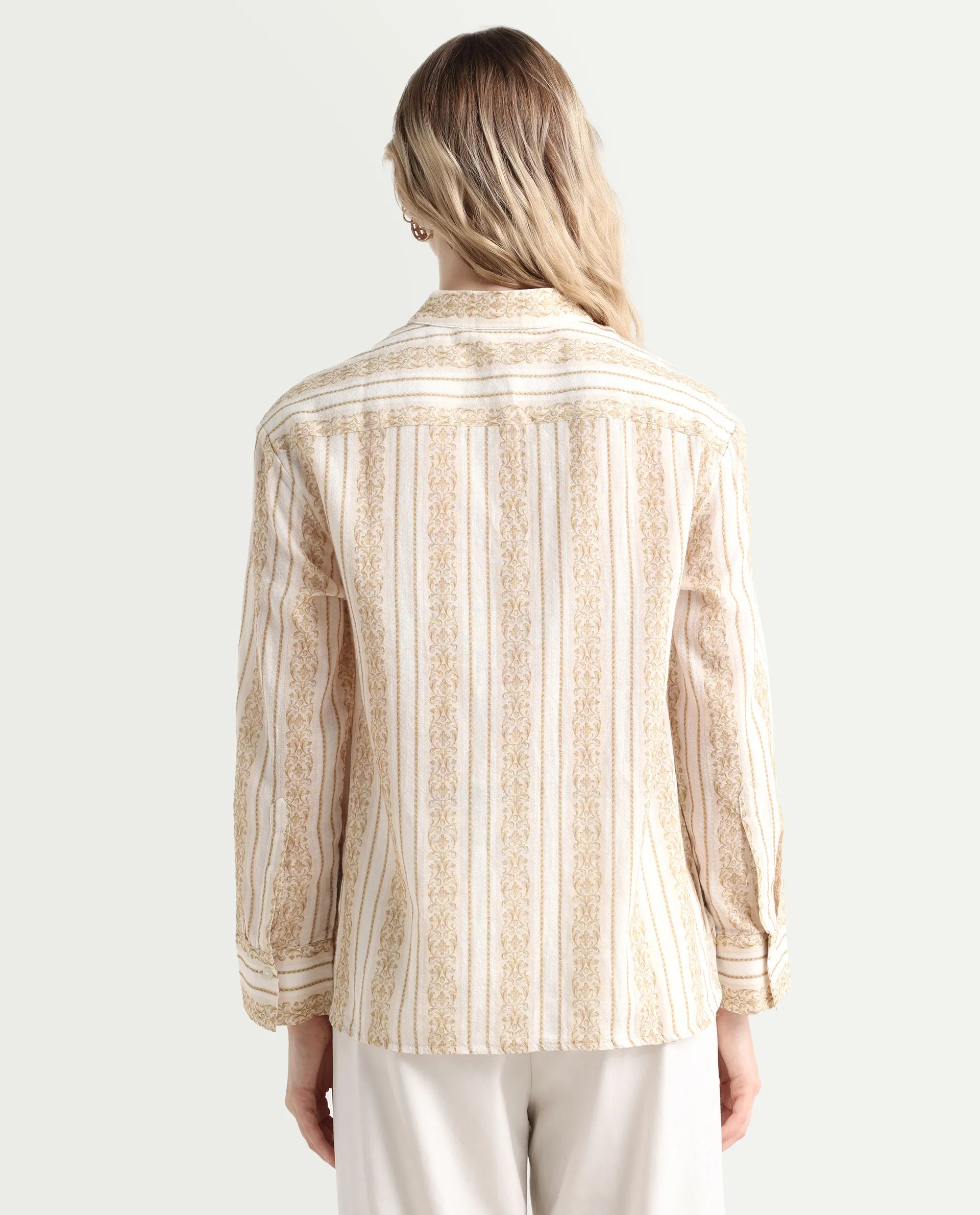 Rareism Women's Cuneo Beige Cotton Mandarin Collar Striped Cuffed Sleeve Regular Fit Shirt