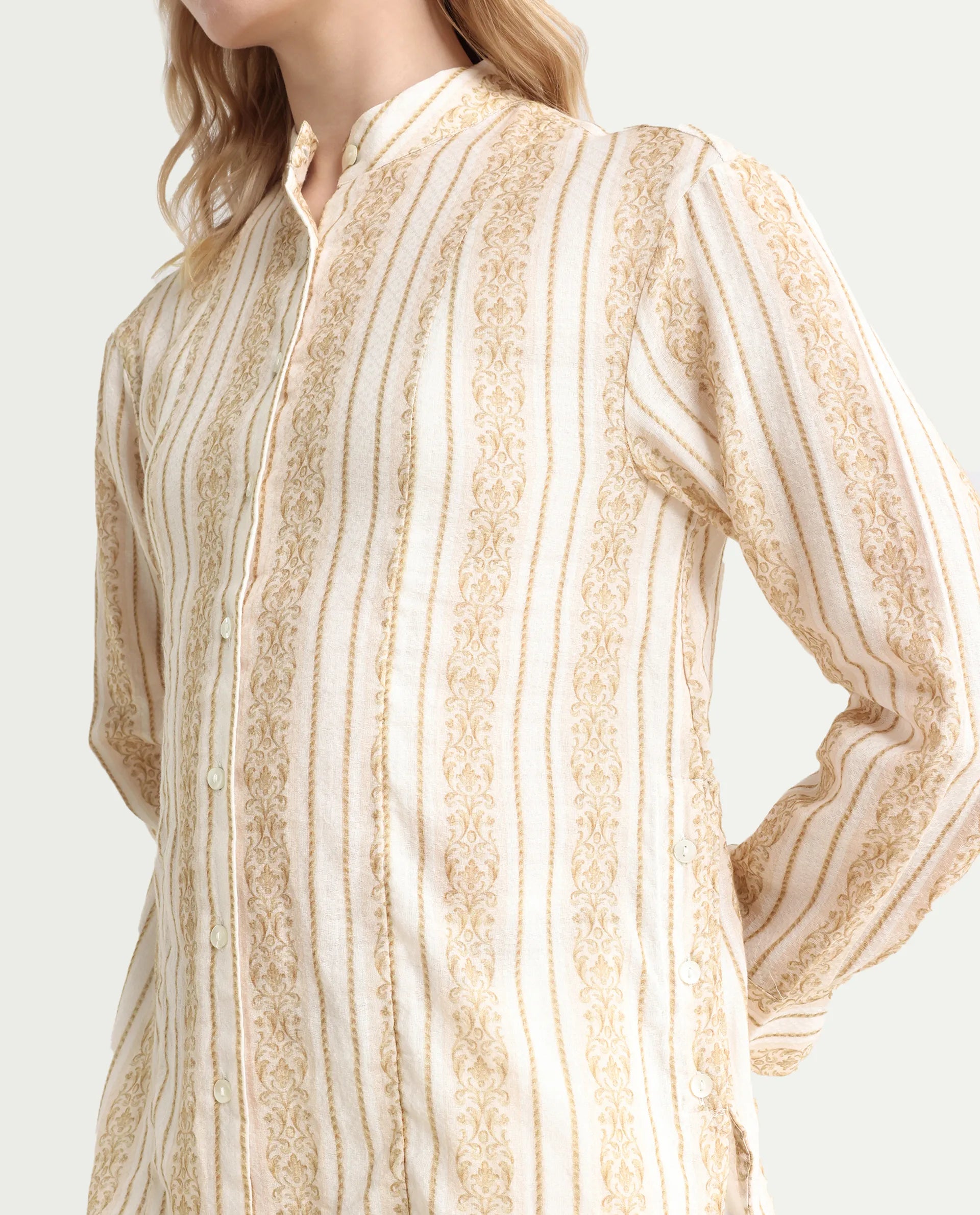 Rareism Women's Cuneo Beige Cotton Mandarin Collar Striped Cuffed Sleeve Regular Fit Shirt