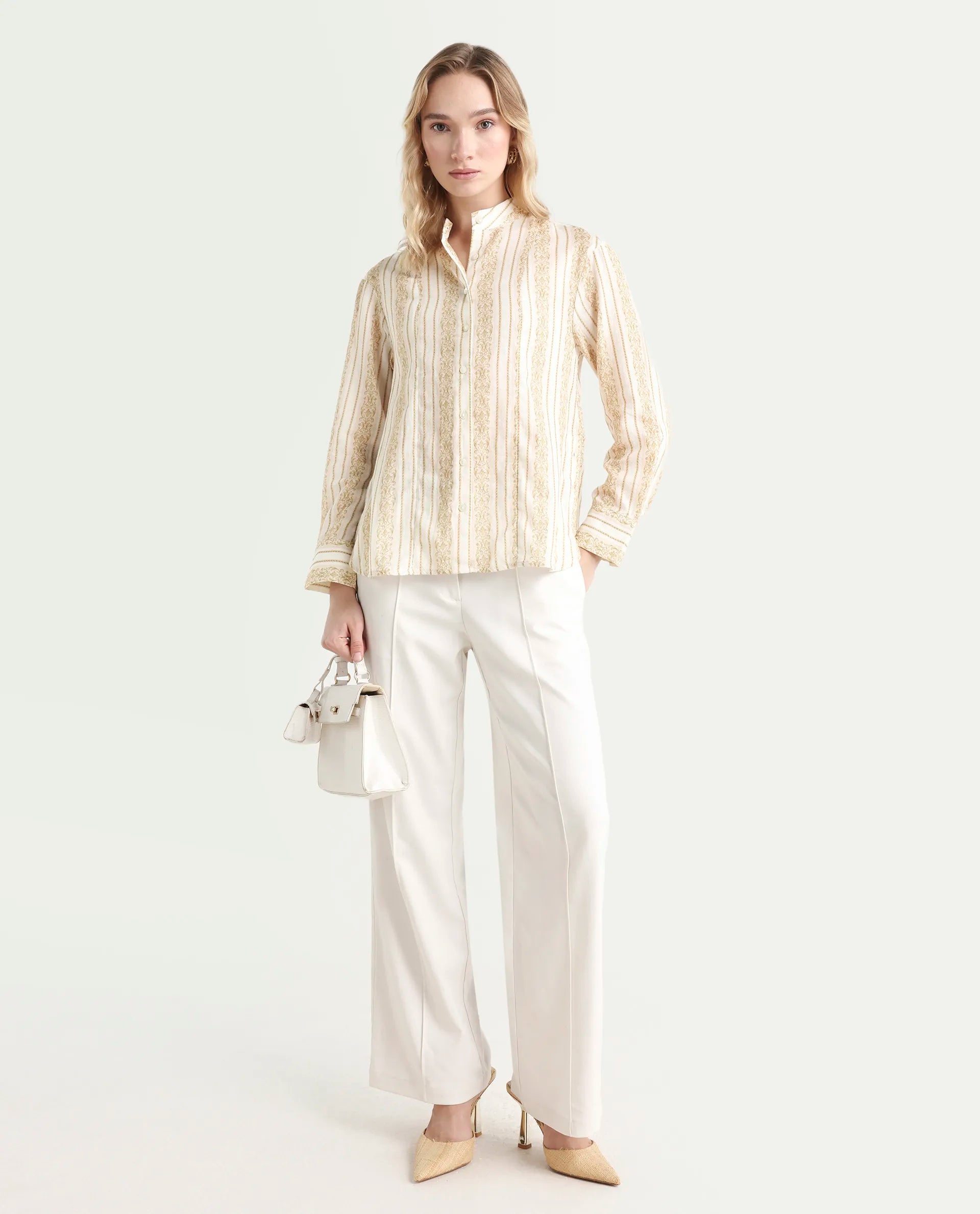 Rareism Women's Cuneo Beige Cotton Mandarin Collar Striped Cuffed Sleeve Regular Fit Shirt