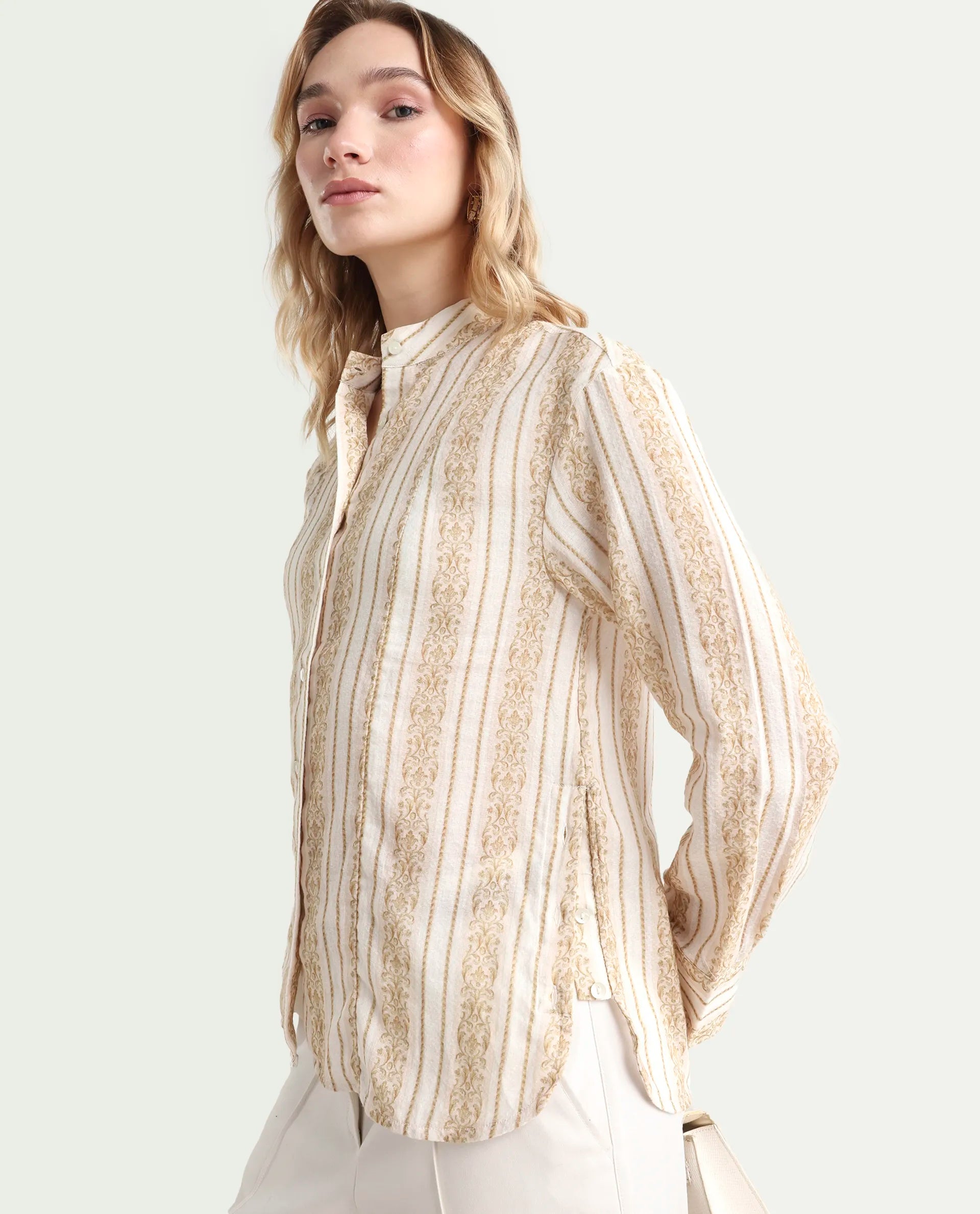 Rareism Women's Cuneo Beige Cotton Mandarin Collar Striped Cuffed Sleeve Regular Fit Shirt