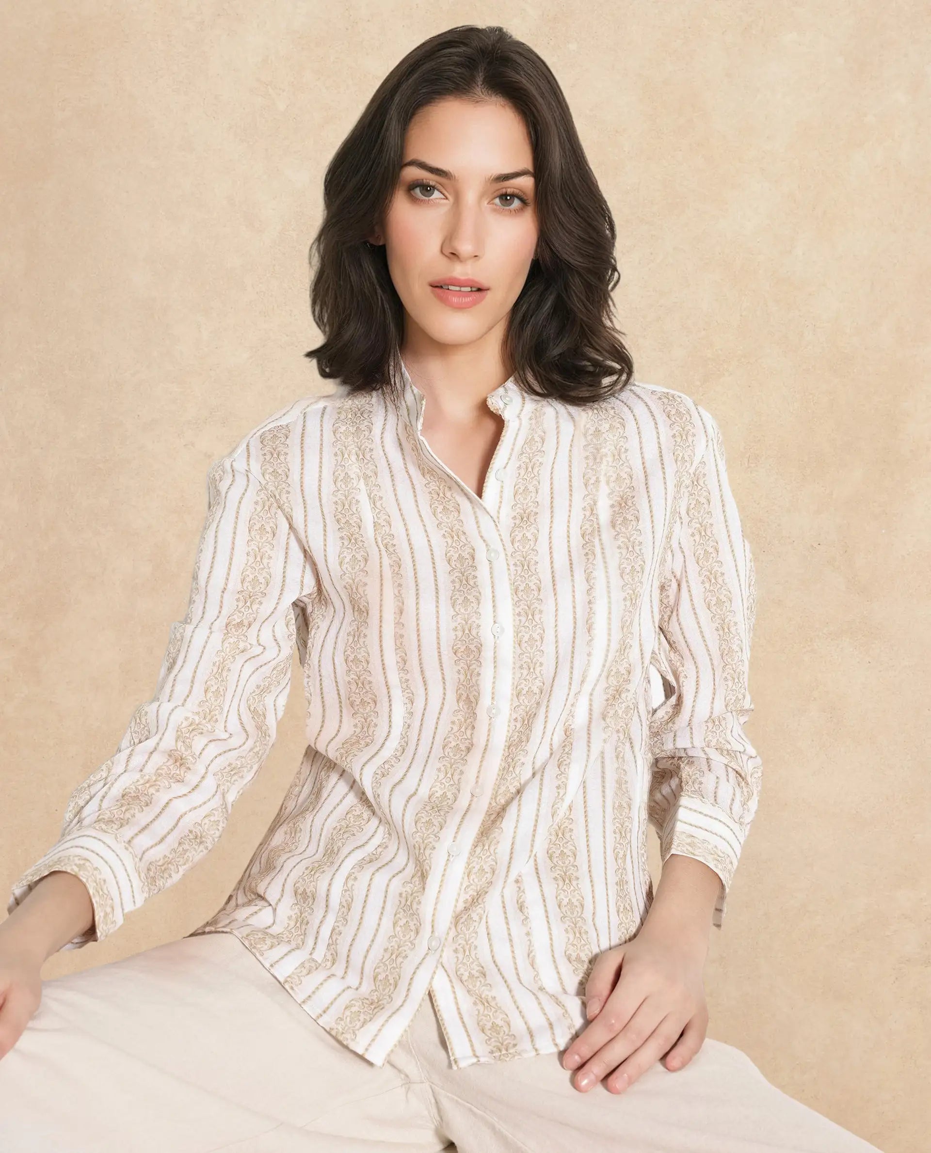 Rareism Women Cuneo Beige Cuffed Sleeve Mandarin Collar Broad Stripes Shirt