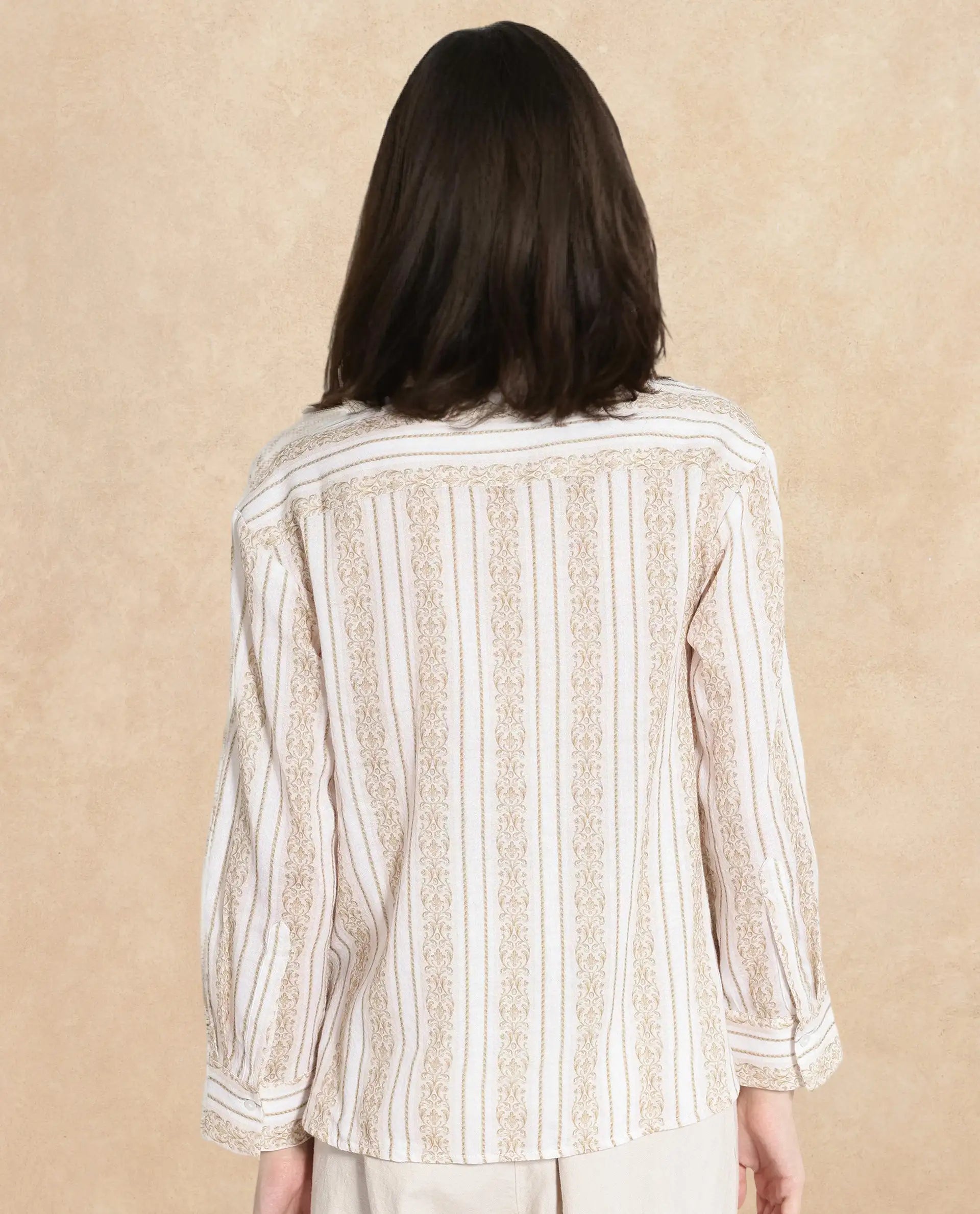 Rareism Women Cuneo Beige Cuffed Sleeve Mandarin Collar Broad Stripes Shirt