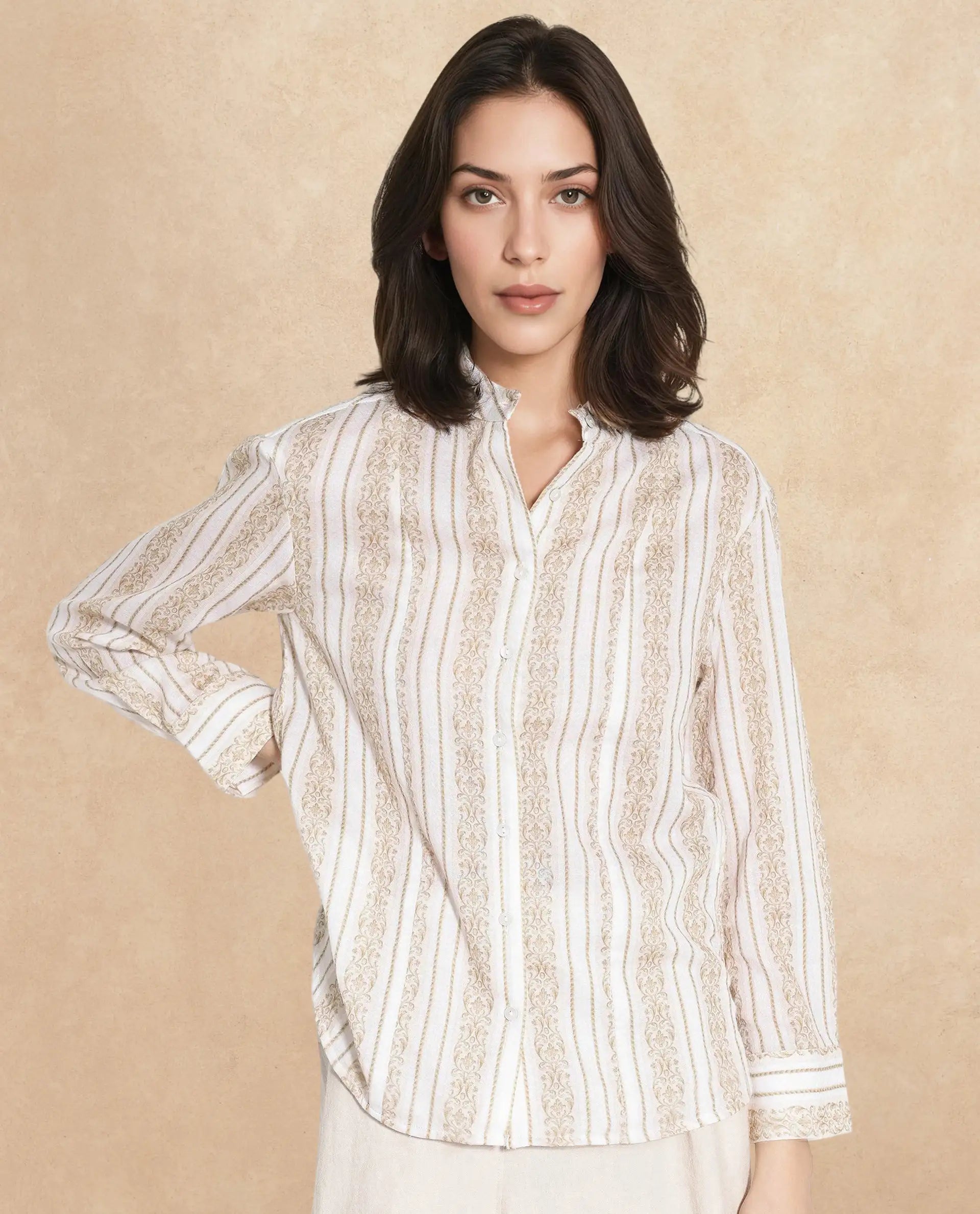 Rareism Women Cuneo Beige Cuffed Sleeve Mandarin Collar Broad Stripes Shirt